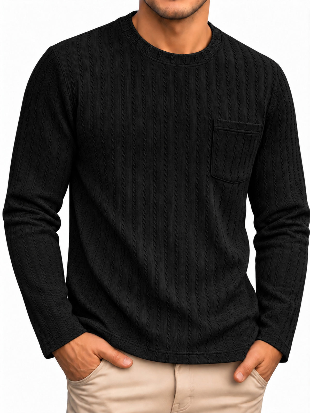 RICHCOIN Men's Crewneck T-Shirts Long Sleeve Shirts for Men Ribbed Knit Textured Solid Casual Pocket Basic Tee Tops