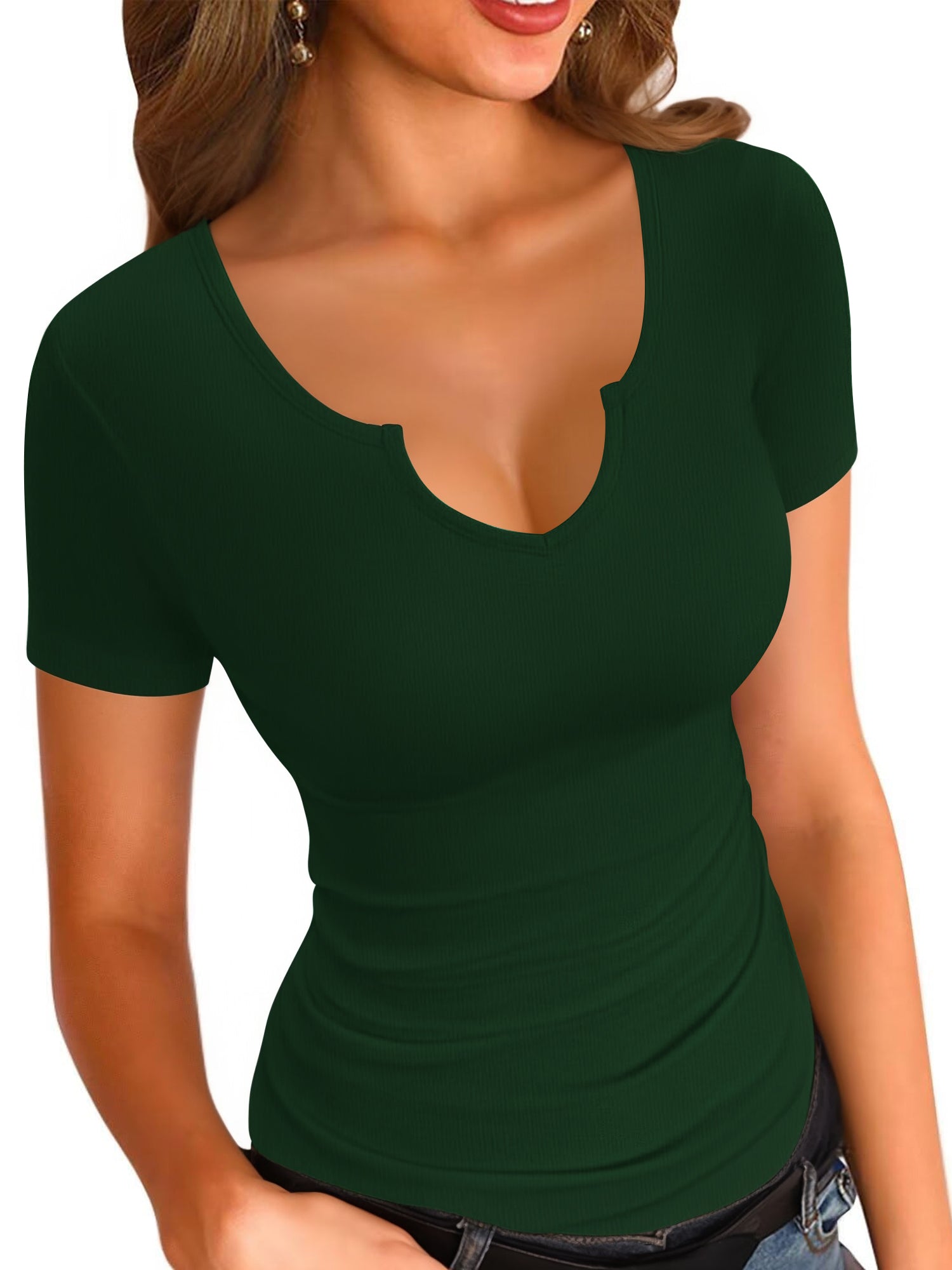 MOYIKO V Neck Notched Neckline Shirts for Women Short Sleeve T Shirts Summer Tops Tees