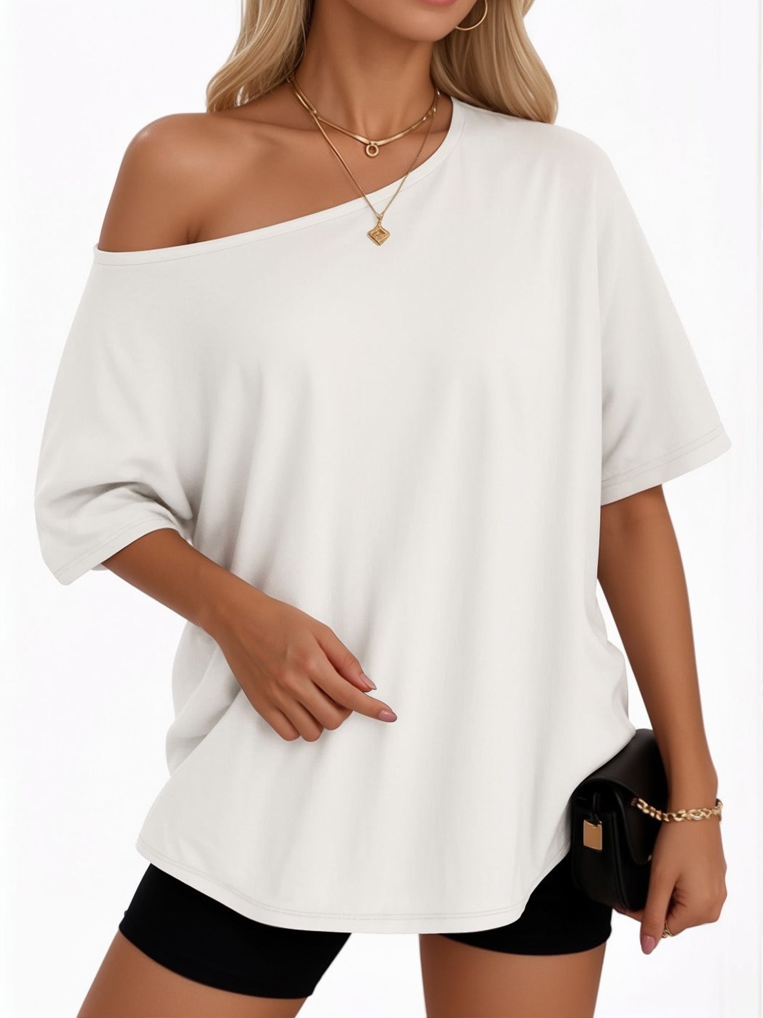 MOYIKO Womens Off The Shoulder Tops Oversized T-Shirts Short Sleeve Tees Summer Casual Fashion Clothes
