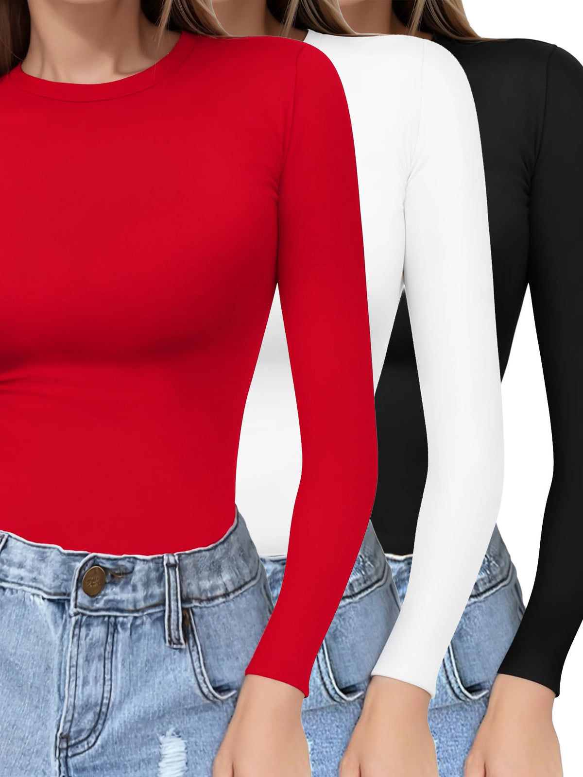 MOYIKO 3 Pack Slim Fitted Long Sleeve Shirts for Women Crewneck Tees Basic Tops