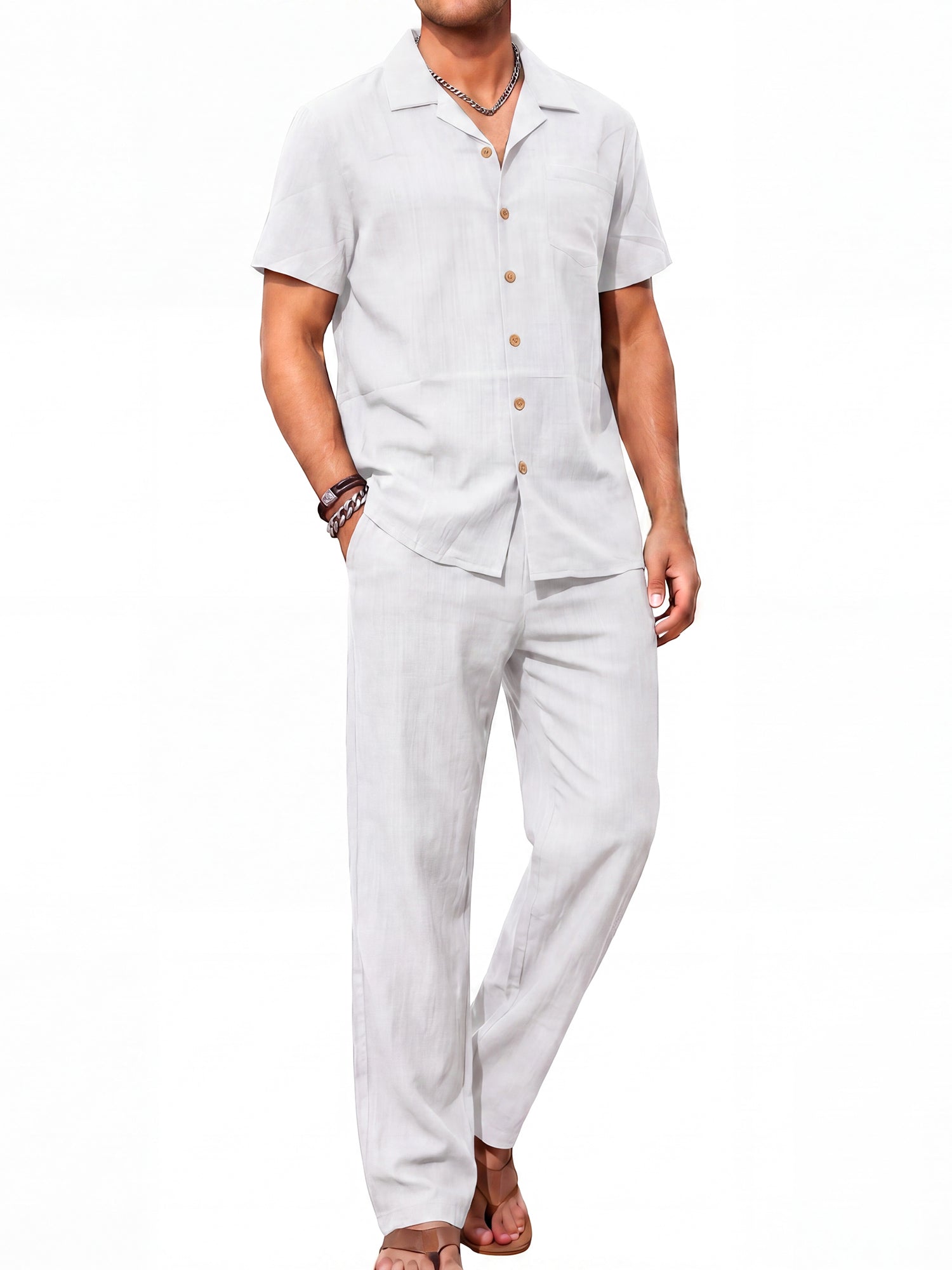 RICHCOIN Men 2 Piece Linen Outfit Beach Button Down Shirt Casual Loose Pant Sets