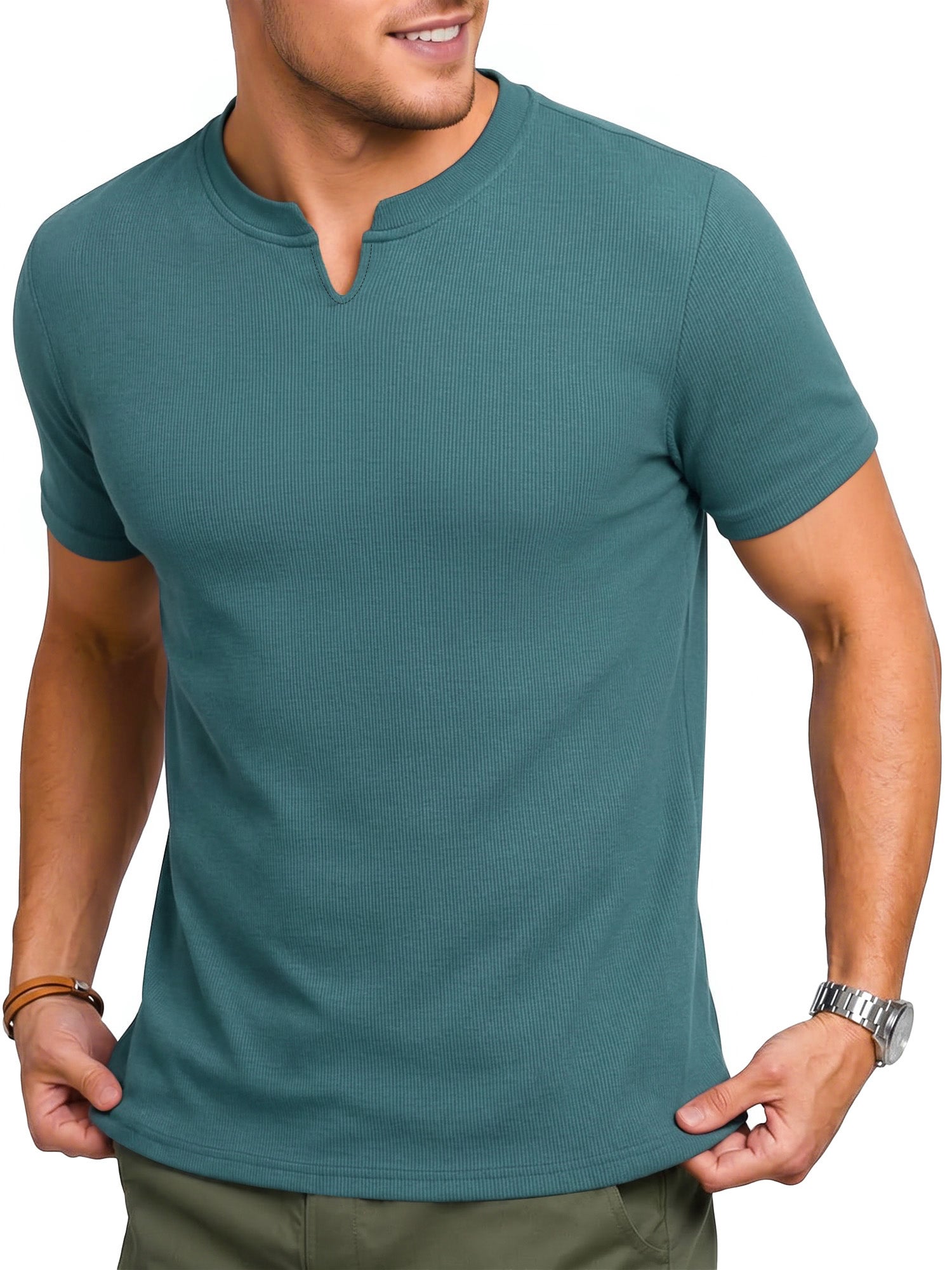 RICHCOIN Mens Muscle Slim T Shirts Texture V Neck Henley Gym Workout Athletic Tee Shirt