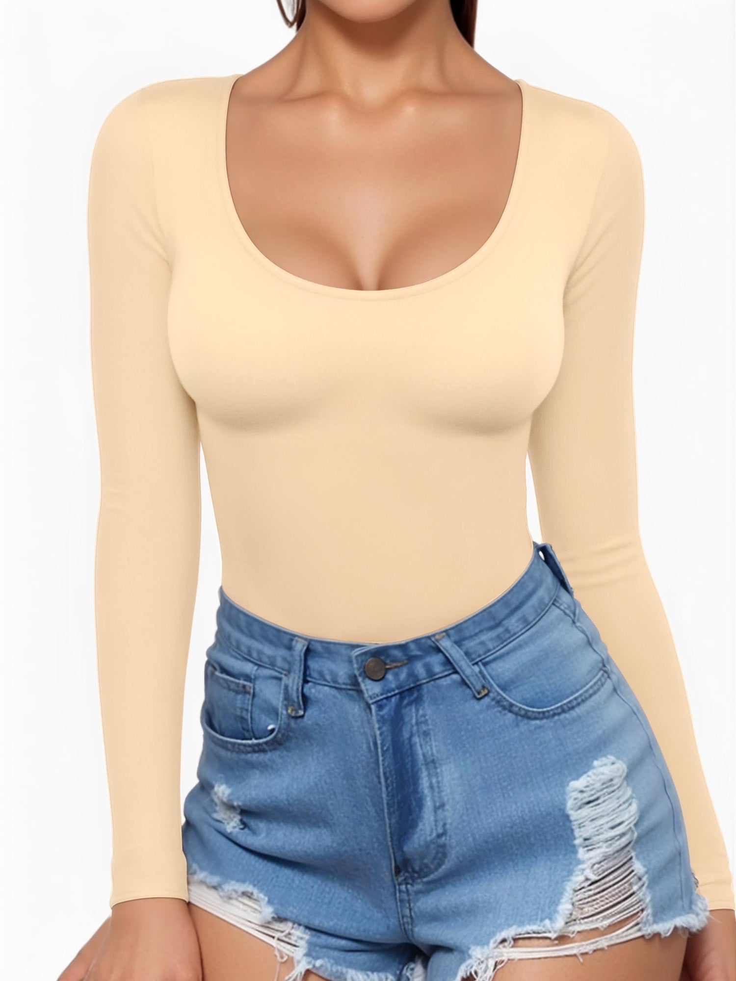 MOYIKO Scoop Neck Long Sleeve Shirts for Women Slim Fitted Tees Basic Tight Tops