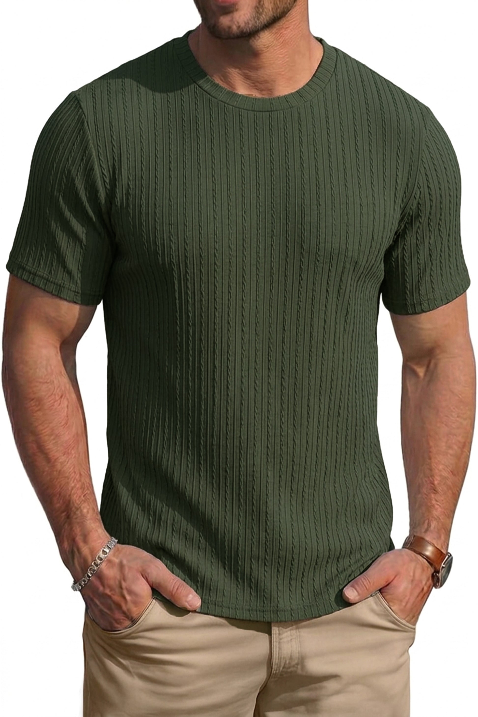 RICHCOIN Men's Ribbed Knit Crewneck T-Shirts Short Sleeve Textured Solid Casual Tee