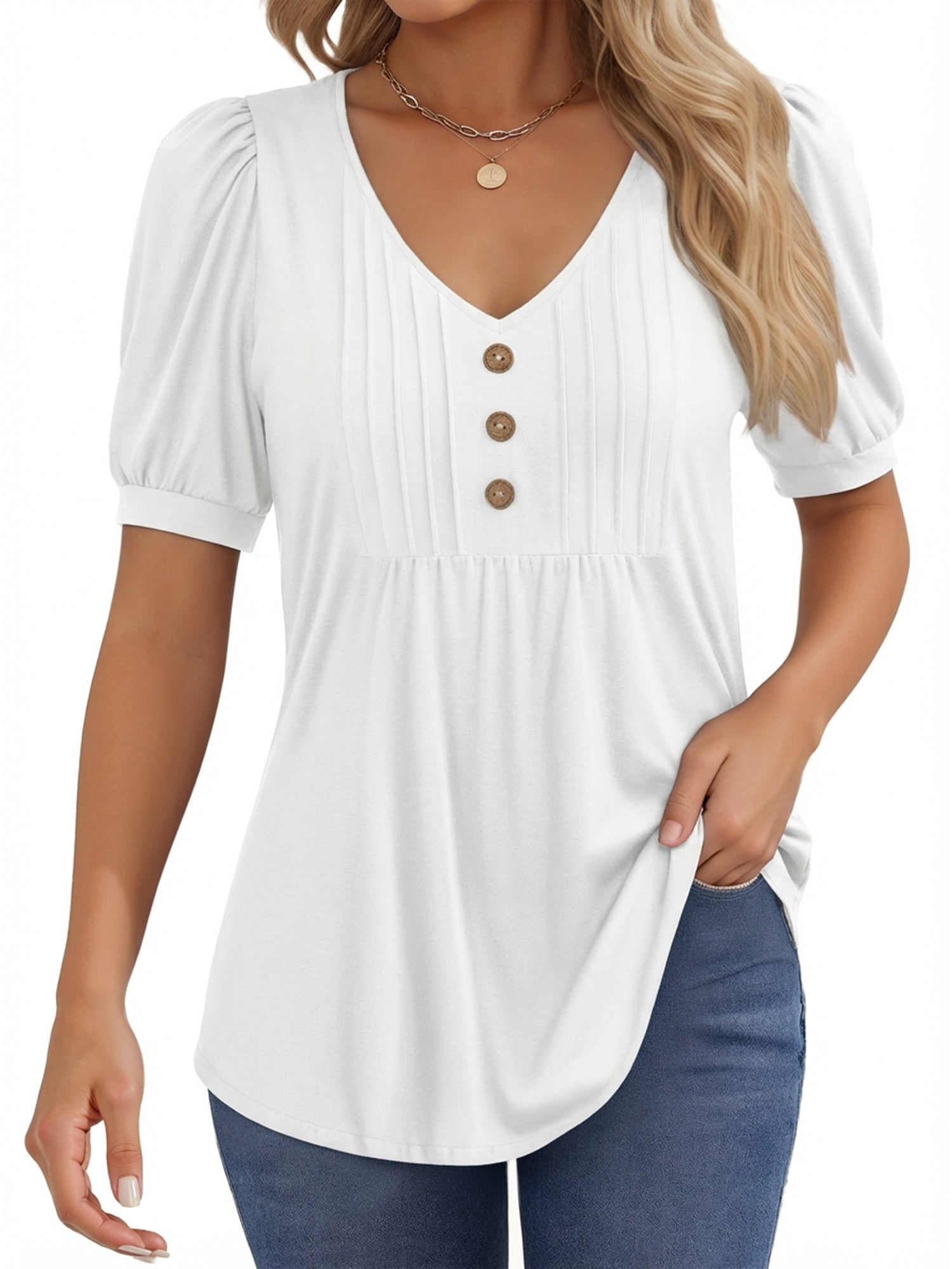 MOYIKO Blouses for Women Pleated Button Puff Short Sleeve Shirts Dressy Casual V Neck Tunic Tops Summer Shirts