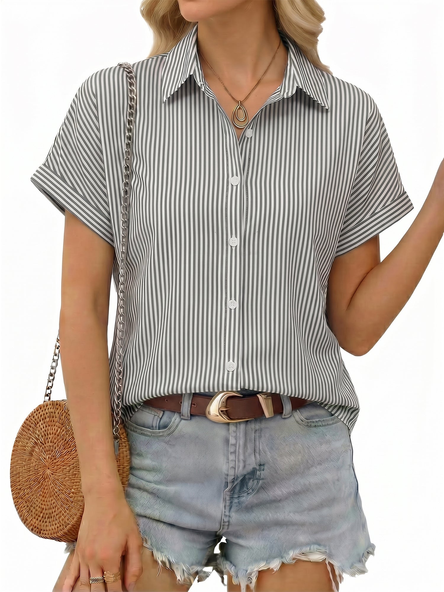MOYIKO Short Sleeve Summer Tops for Women Casual Button Down Shirts Striped Business Work Blouses