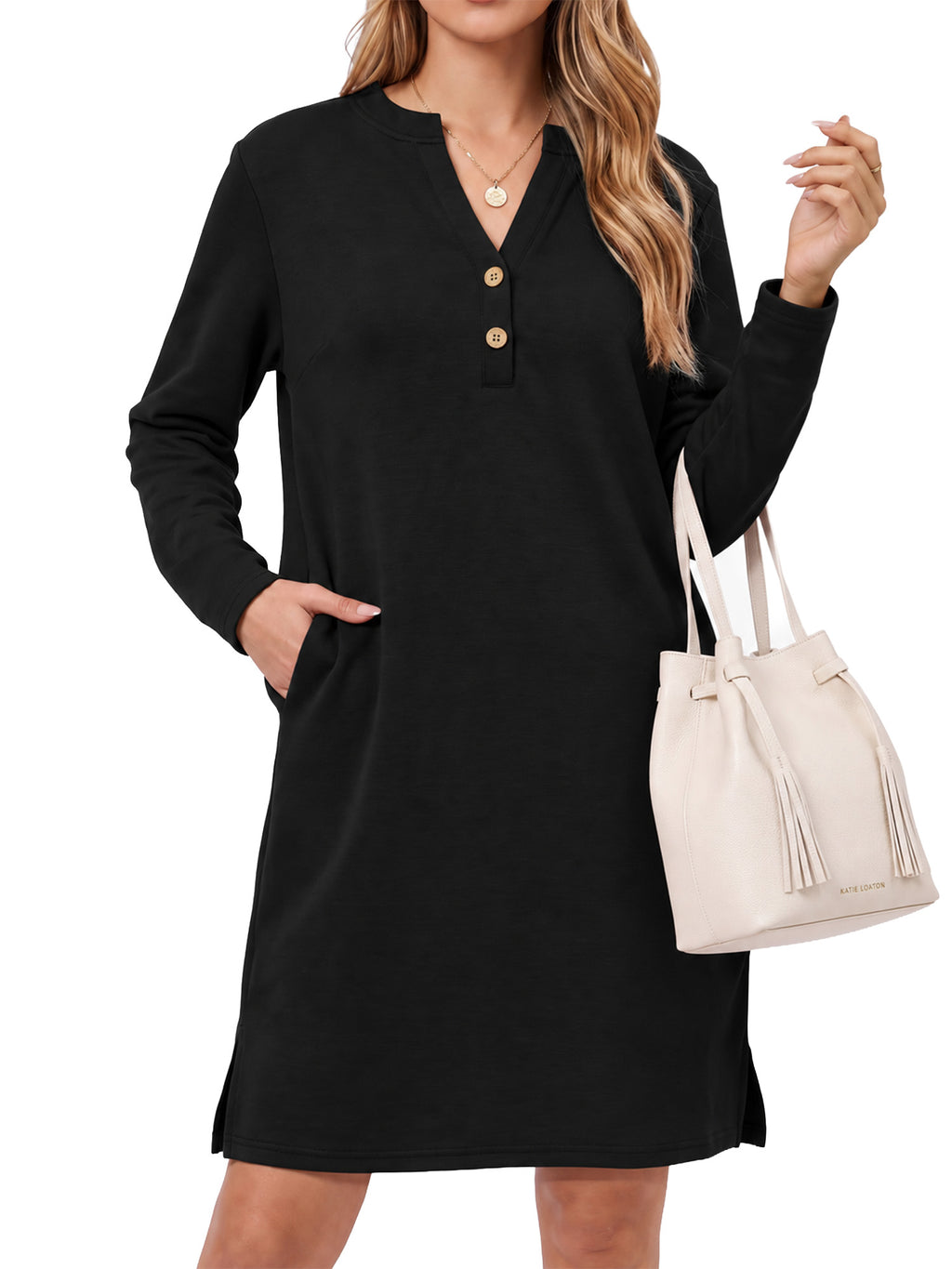 MOYIKO Women's Henley Long Sleeve T-Shirt Dress V Neck Button Down Shift Dress Casual Loose Fit for Going Out Daily Wear