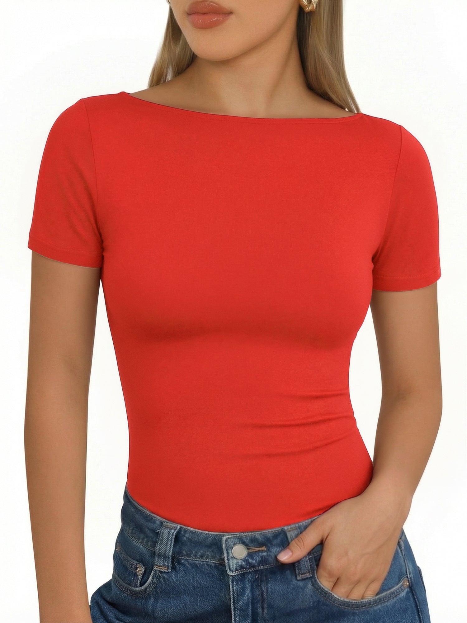 MOYIKO Womens T Shirts Short Sleeve Boat Neck Slim Fit Tee Basic Summer Tops