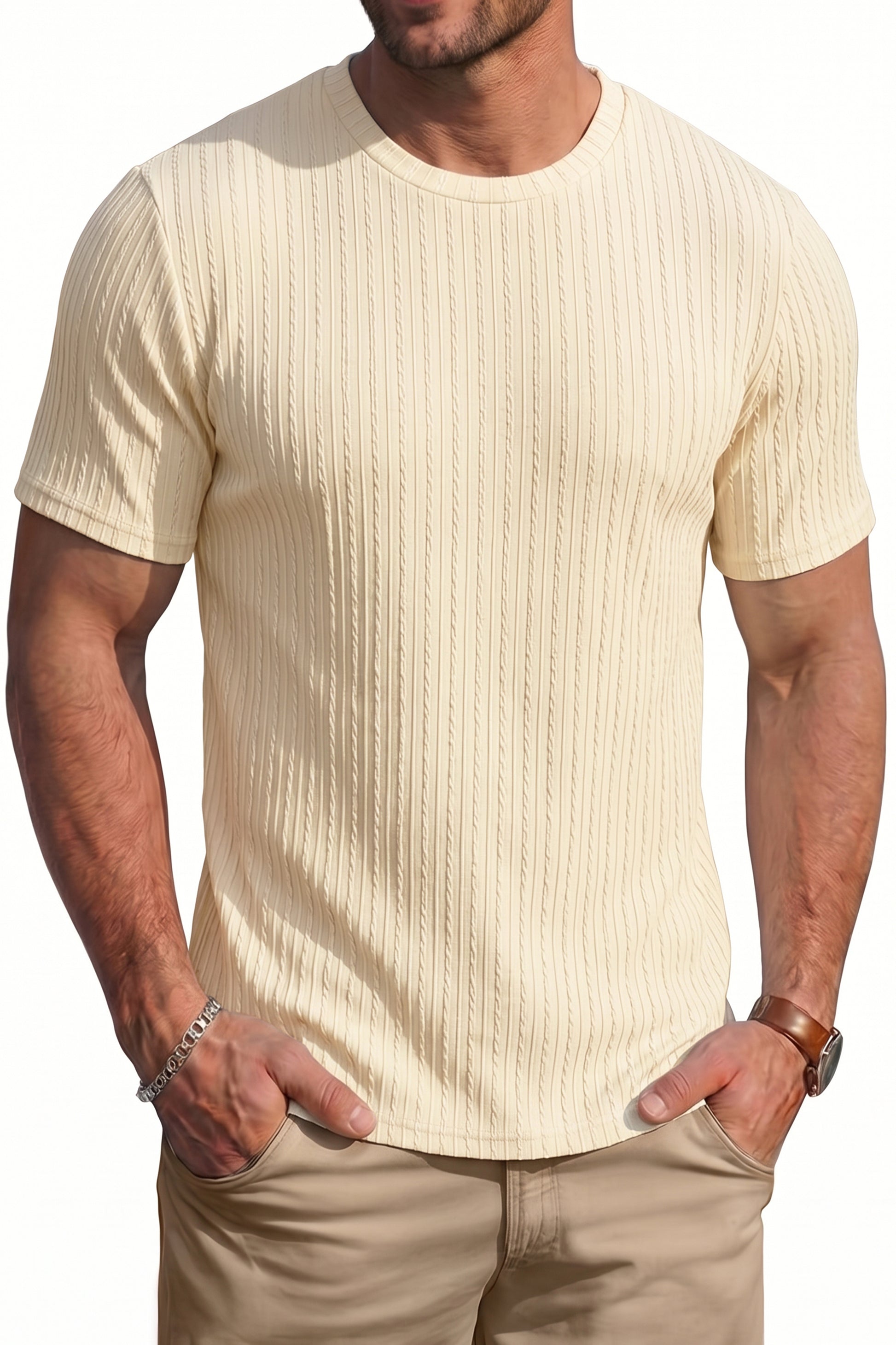 RICHCOIN Men's Ribbed Knit Crewneck T-Shirts Short Sleeve Textured Solid Casual Tee