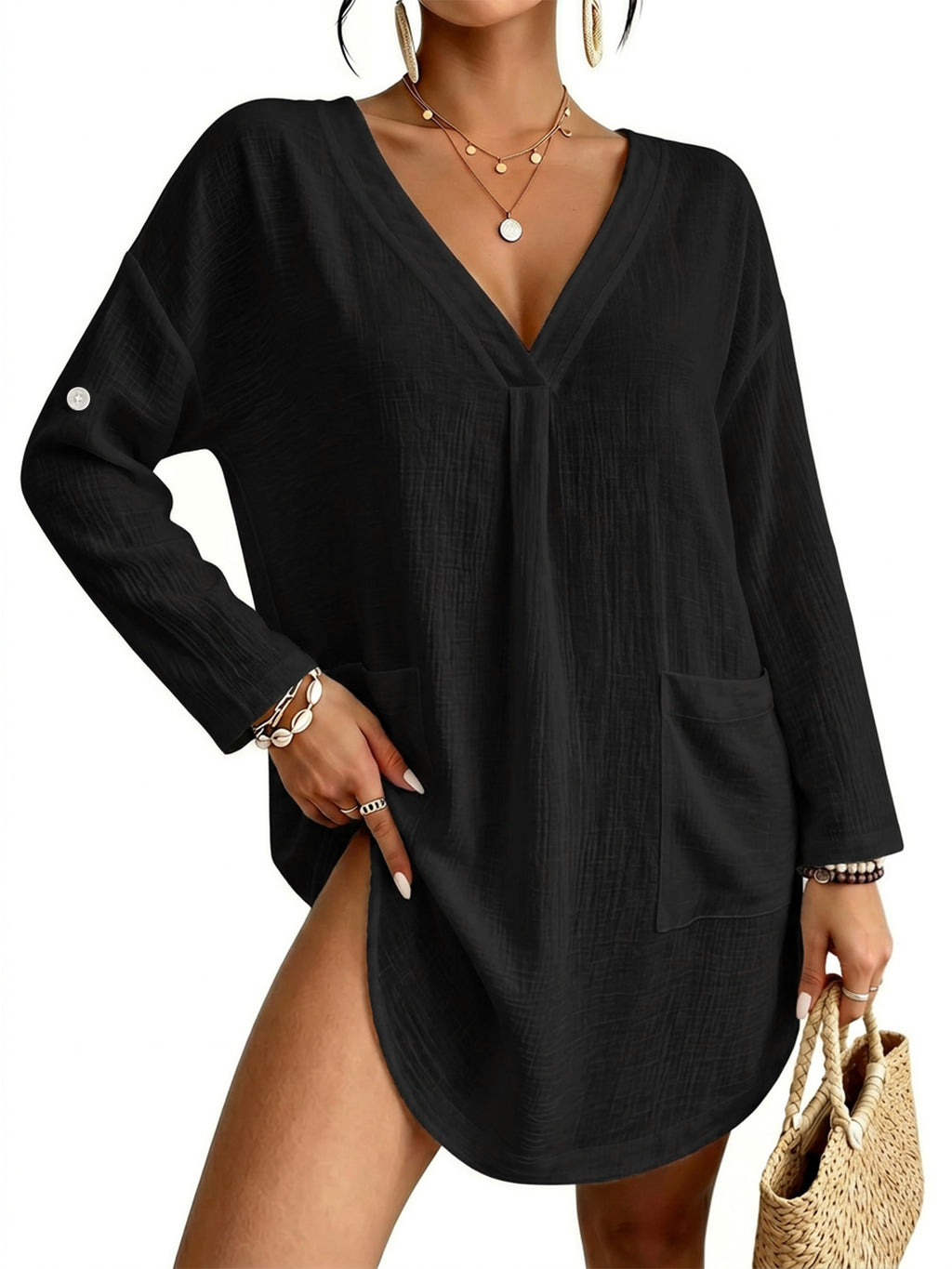 MOYIKO Women Swimsuit Cover up Shirt V Neck long 3/4 sleeve Bathing Suit Cover Summer Beachwear Sun Protection Blouse