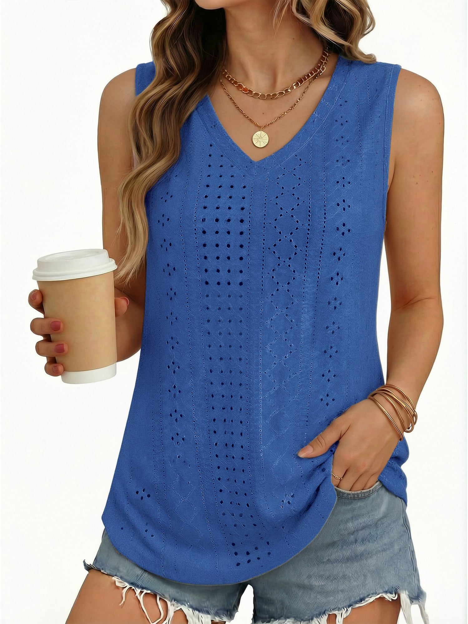 MOYIKO Tank Tops for Women Eyelet V Neck Trendy Sleeveless Tops Dressy Casual Flowy Summer Shirts Loose Fit