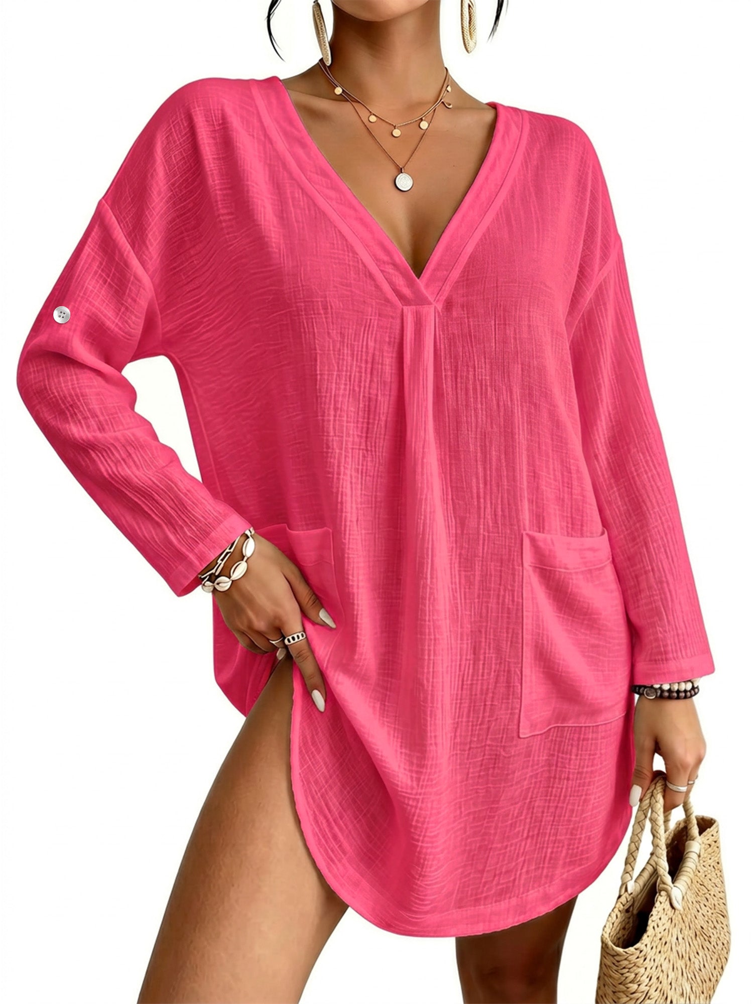 MOYIKO Women Swimsuit Cover up Shirt V Neck long 3/4 sleeve Bathing Suit Cover Summer Beachwear Sun Protection Blouse