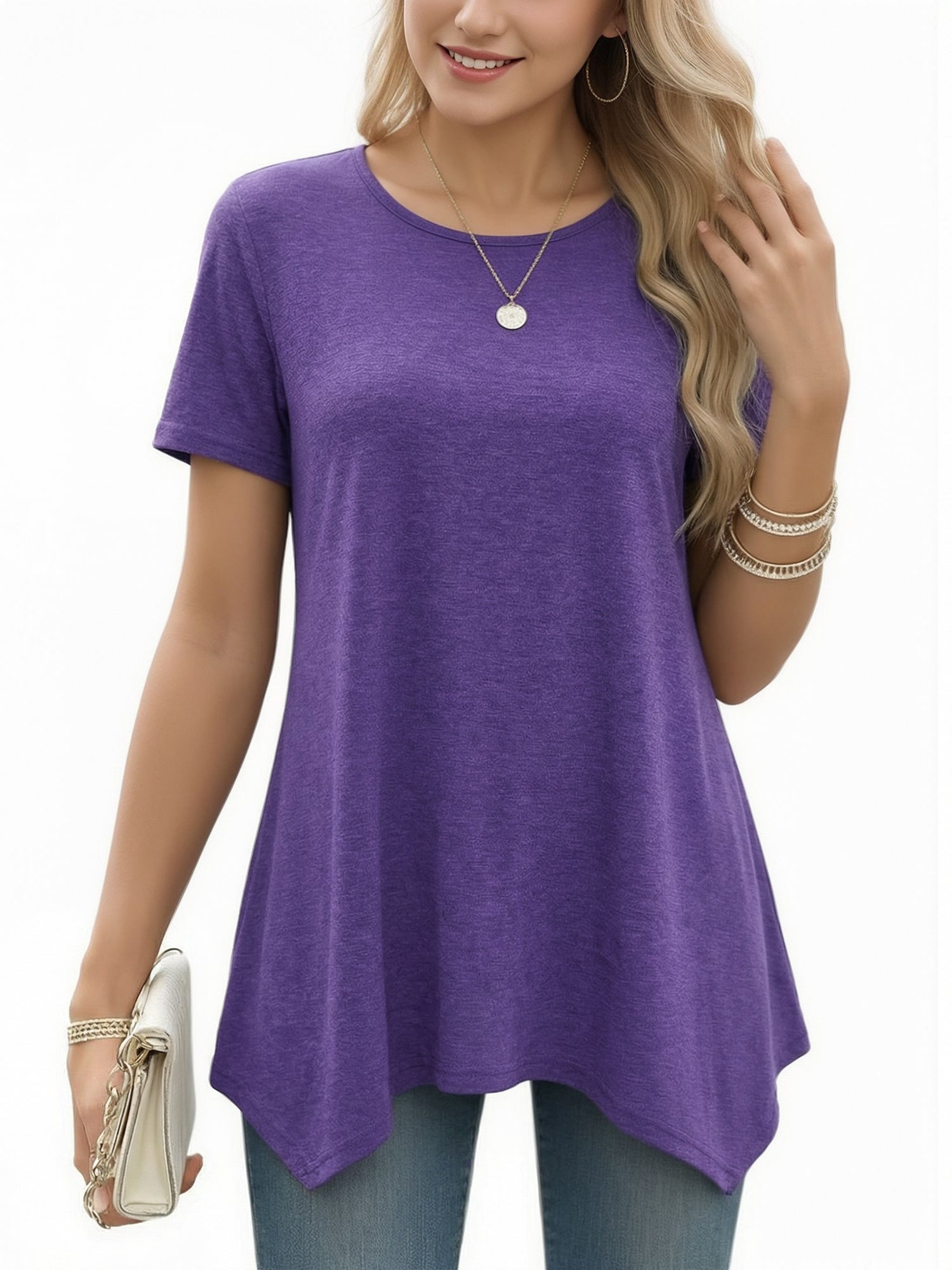 MOYIKO Women's Short Sleeve Swing T-Shirt Flowy Asymmetrical Hem Tee Loose Fit Casual Tops