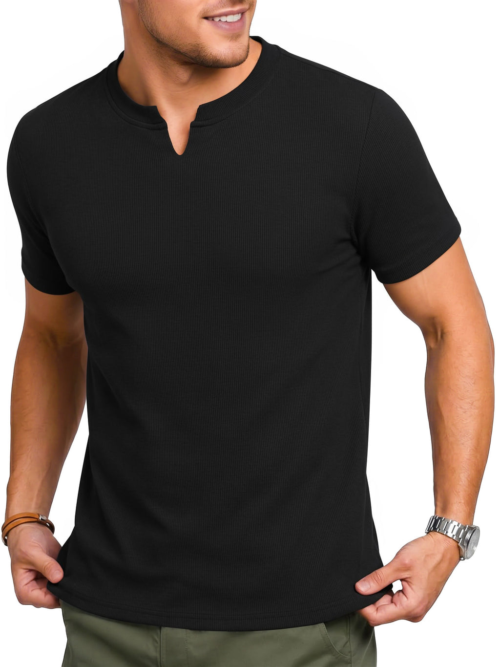 RICHCOIN Mens Muscle Slim T Shirts Texture V Neck Henley Gym Workout Athletic Tee Shirt