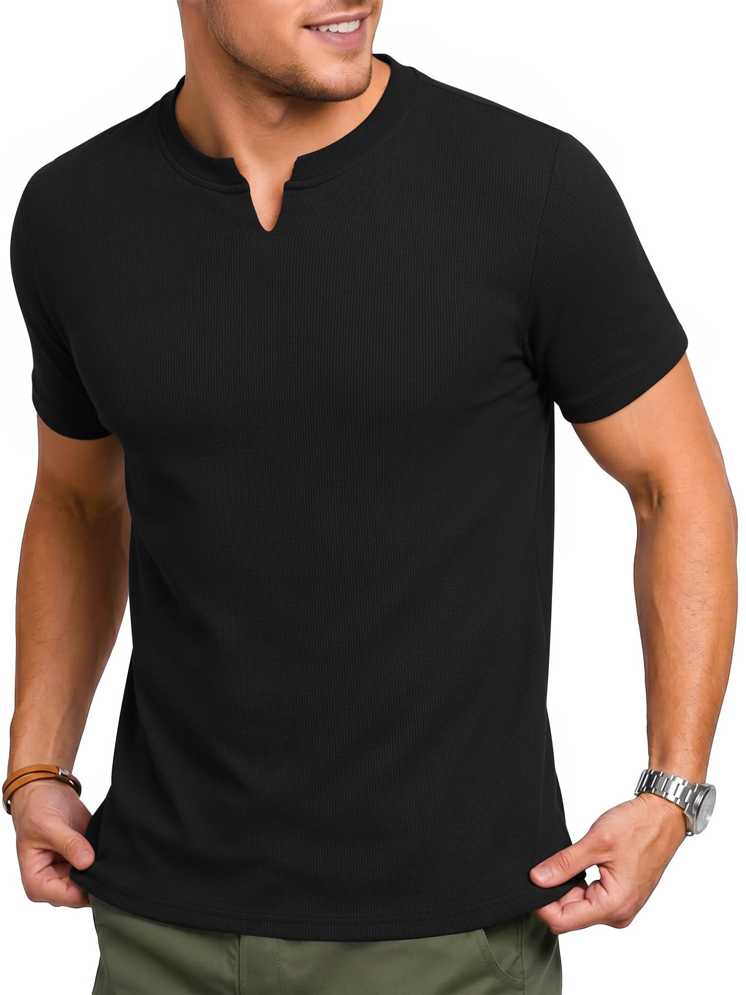 RICHCOIN Mens Muscle Slim T Shirts Texture V Neck Henley Gym Workout Athletic Tee Shirt
