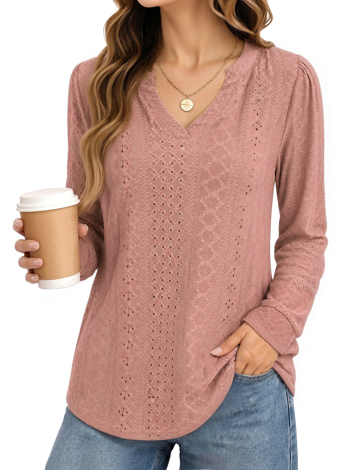 MOYIKO Eyelet Blouses for Women Dressy Casual Long Sleeve Shirts Bean Pink V Neck Fall Trendy Tops