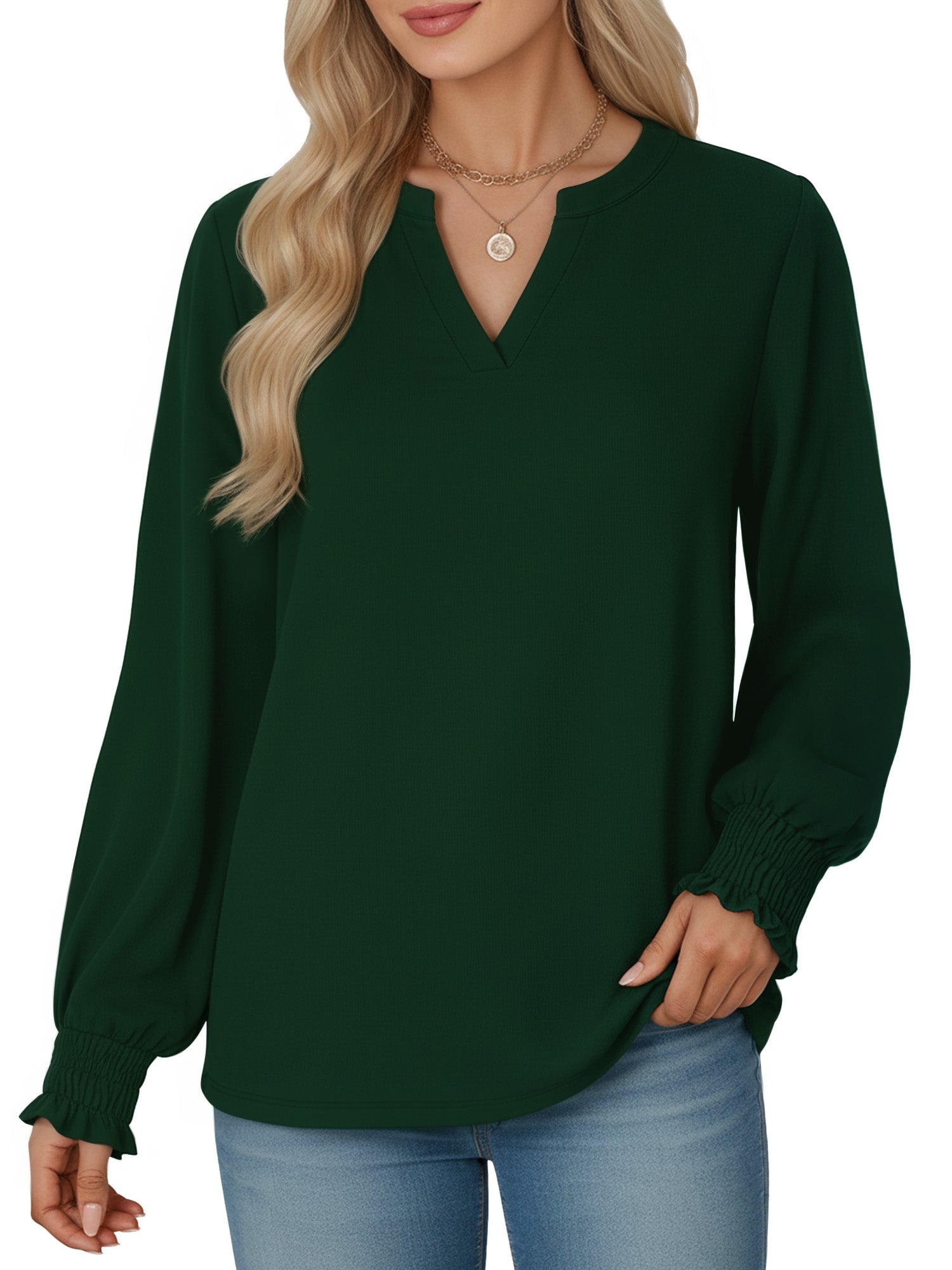 OALUXE Blouses for Women Long Sleeve Shirts V Neck Smocked Cuffs Tunic Tops