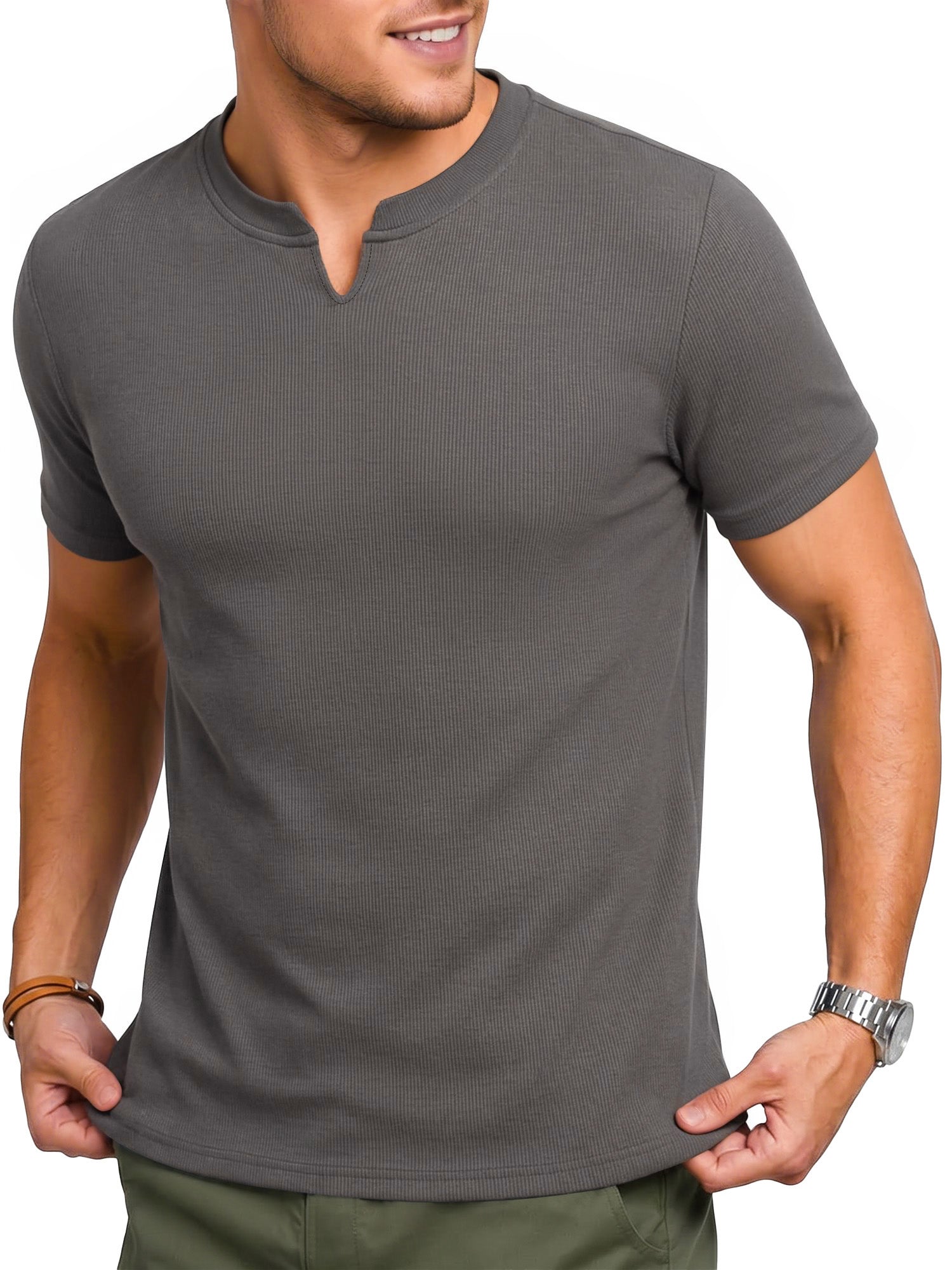 RICHCOIN Mens Muscle Slim T Shirts Texture V Neck Henley Gym Workout Athletic Tee Shirt