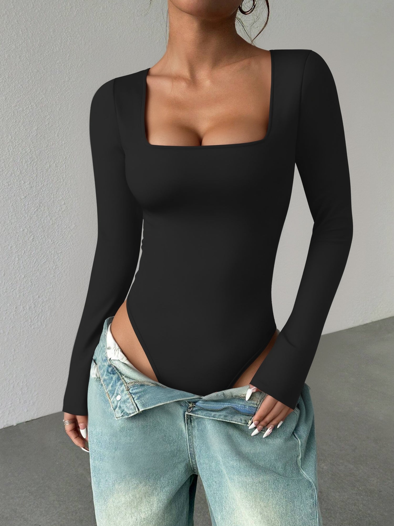 MOYIKO Square Neck Tops for Women Long Sleeve Body Suits Womens Fitted Tight Tops