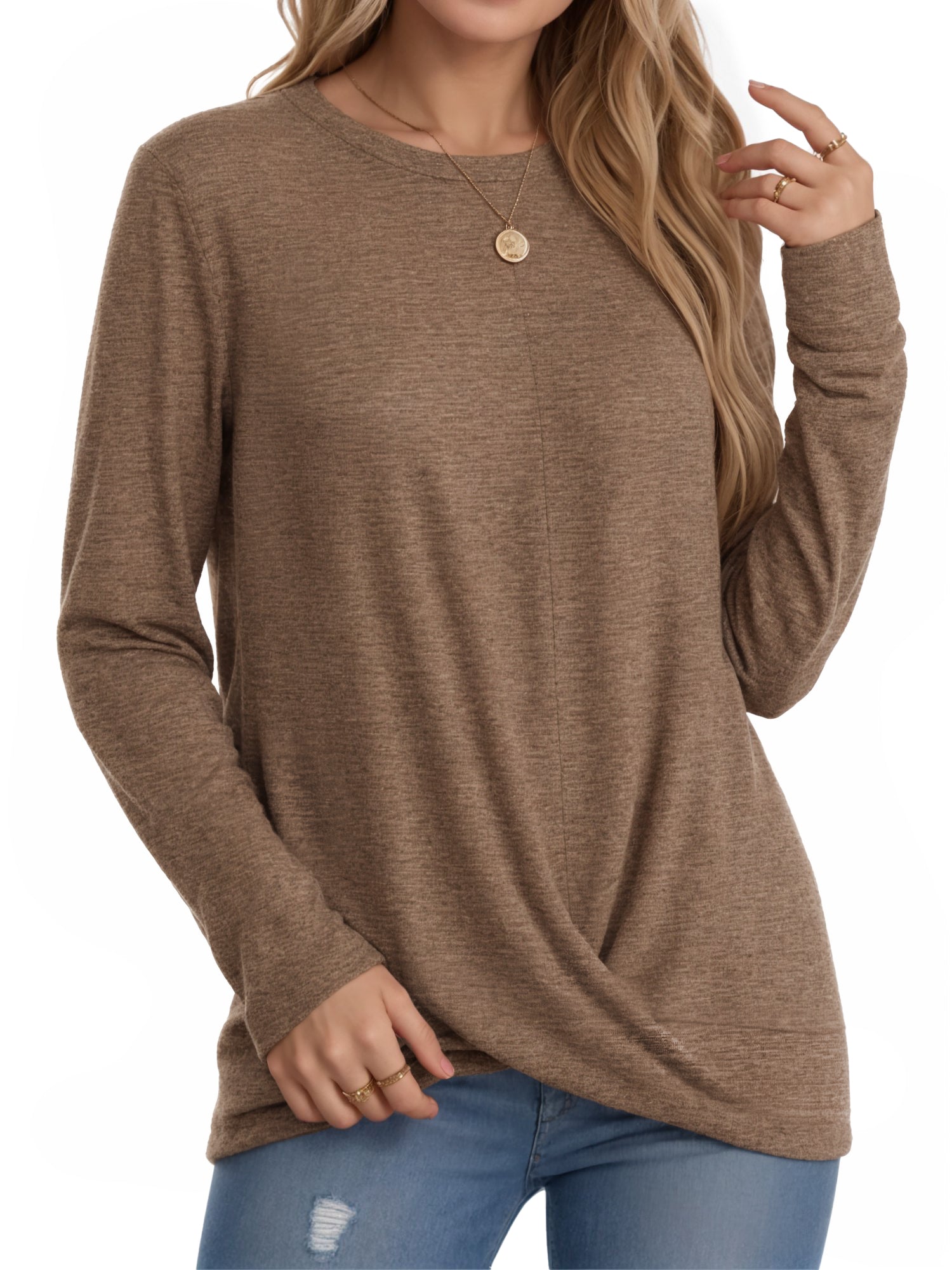 OALUXE Long Sleeve Shirts for Women Dressy Casual Tunic Tops Crewneck Front Twist Blouses