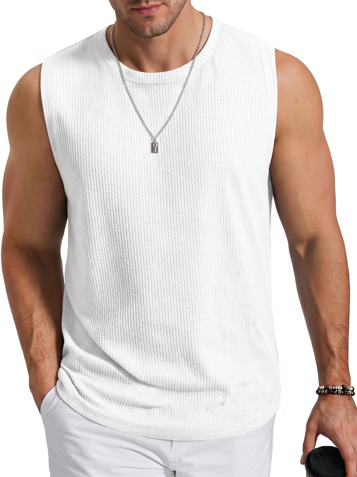 RICHCOIN Mens Tank Top Round Neck Sleeveless Muscle Shirts Lightweight Summer Beach Textured Black Tee