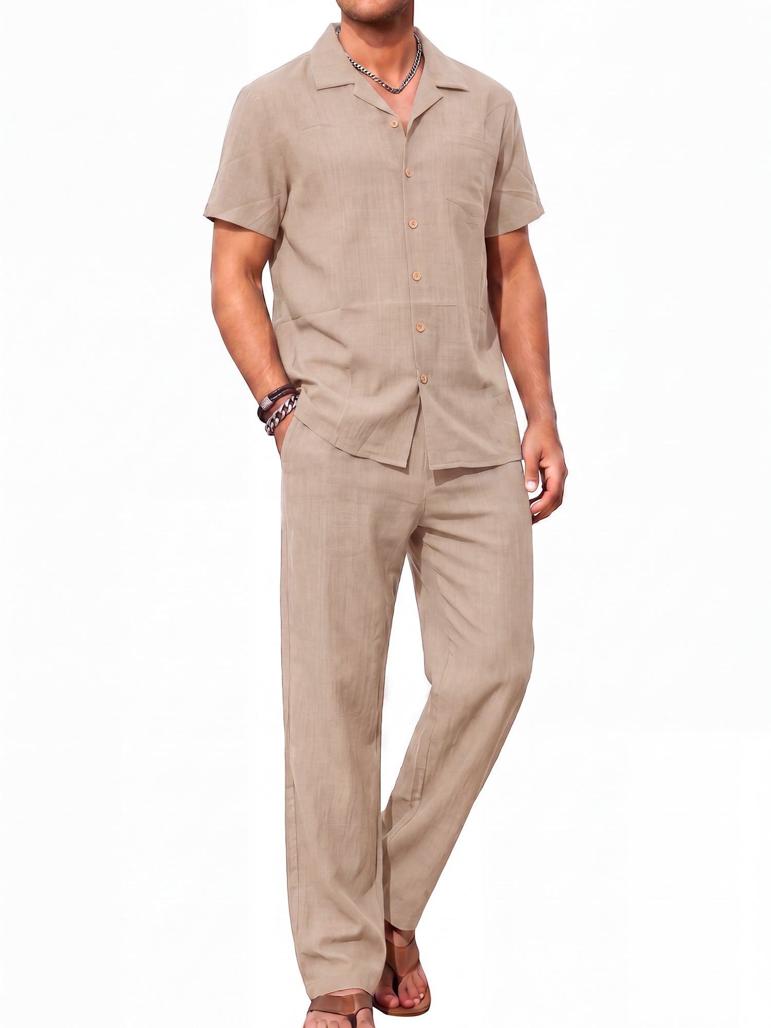 RICHCOIN Men 2 Piece Linen Outfit Beach Button Down Shirt Casual Loose Pant Sets