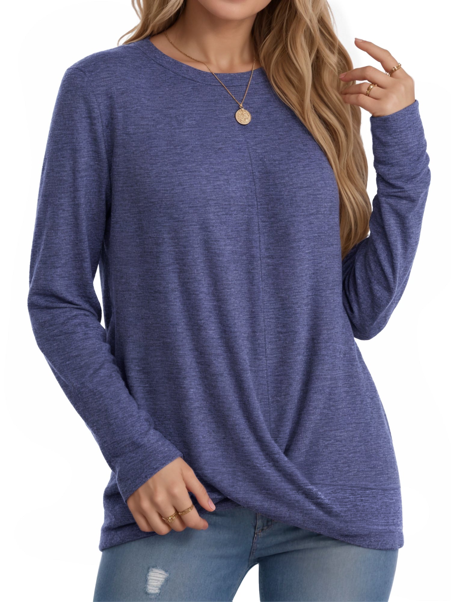 OALUXE Long Sleeve Shirts for Women Dressy Casual Tunic Tops Crewneck Front Twist Blouses