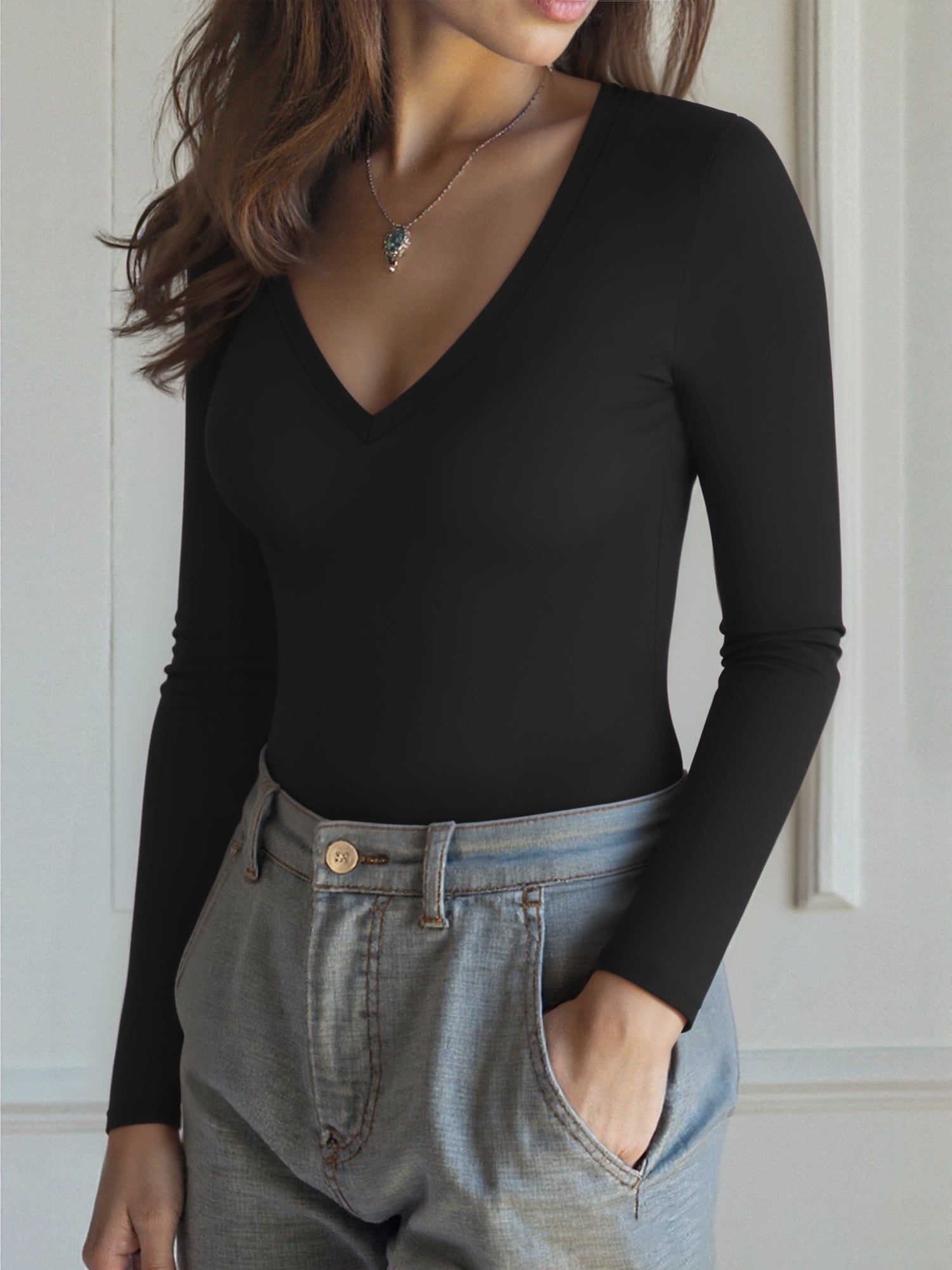 MOYIKO V Neck Tight Long Sleeve Shirts for Women Fitted Tops Slim Tee