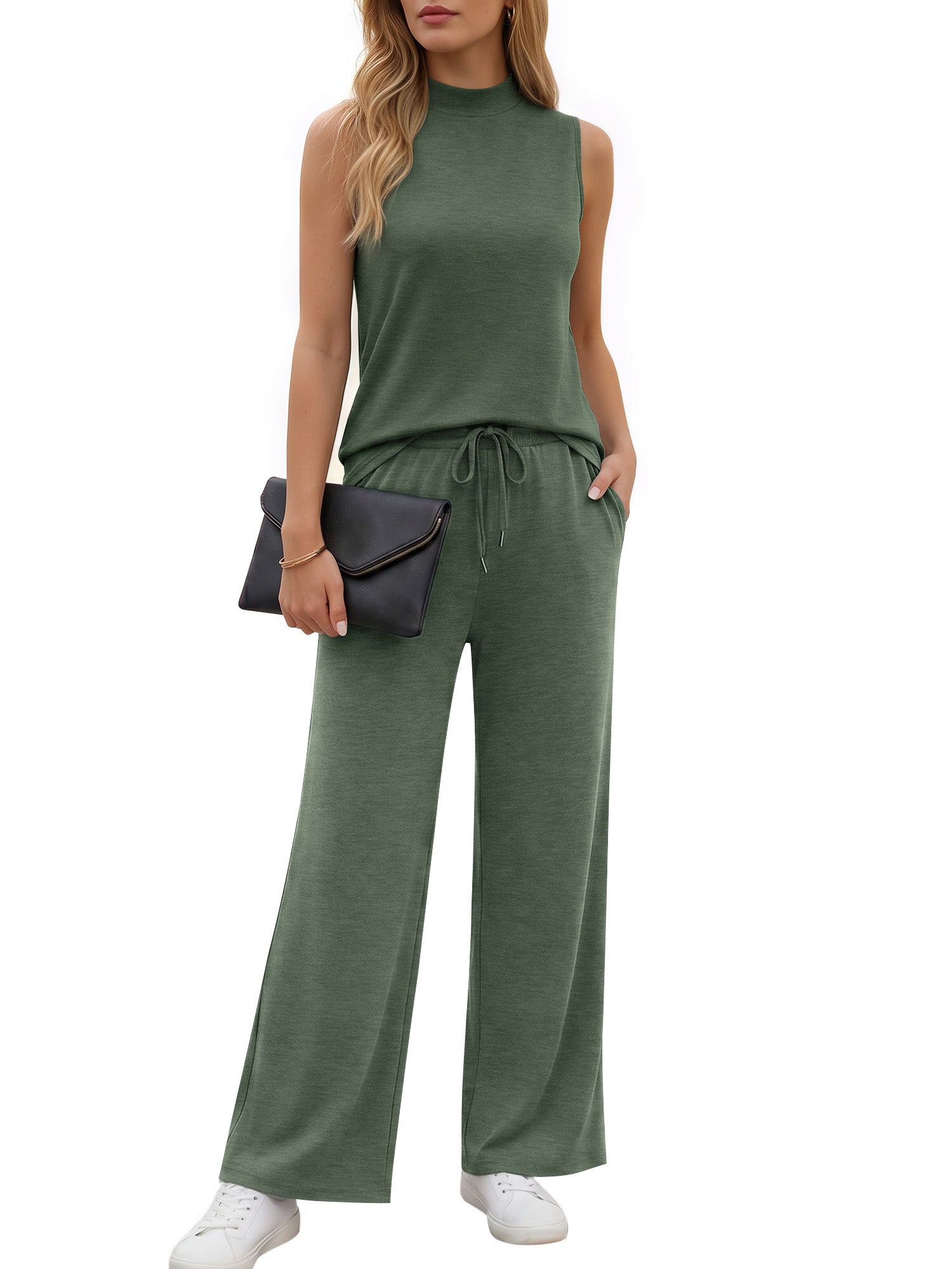 MOYIKO 2 Piece Sets for Women Casual Summer Outfits Sleeveless Tops and Wide Leg Pants with Pockets Travel Vacation Lounge Sets