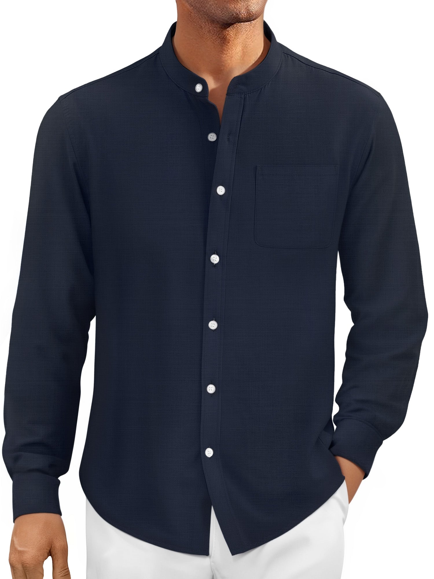 OALUXE Men's Linen Shirts Long Sleeve Button Down Shirt Band Collar Casual Summer Beach Shirts