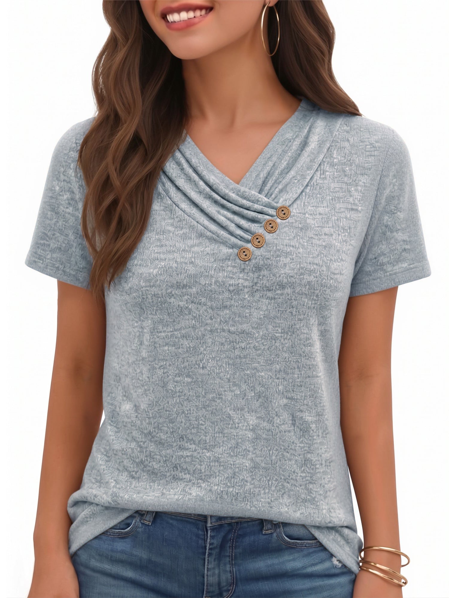 MOYIKO Blouses for Women Summer Short Sleeve Tunic Top V Neck Button Dressy Casual Business Shirts