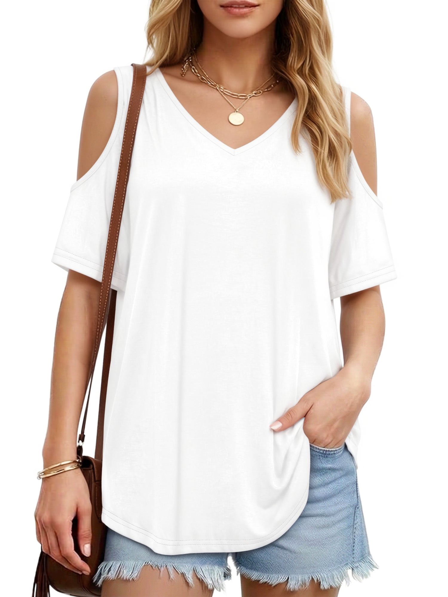 MOYIKO Women's Shirts Cold Shoulder Tops Summer Short Sleeve V Neck Loose Fit T Shirt Basic Black Tee Blouse