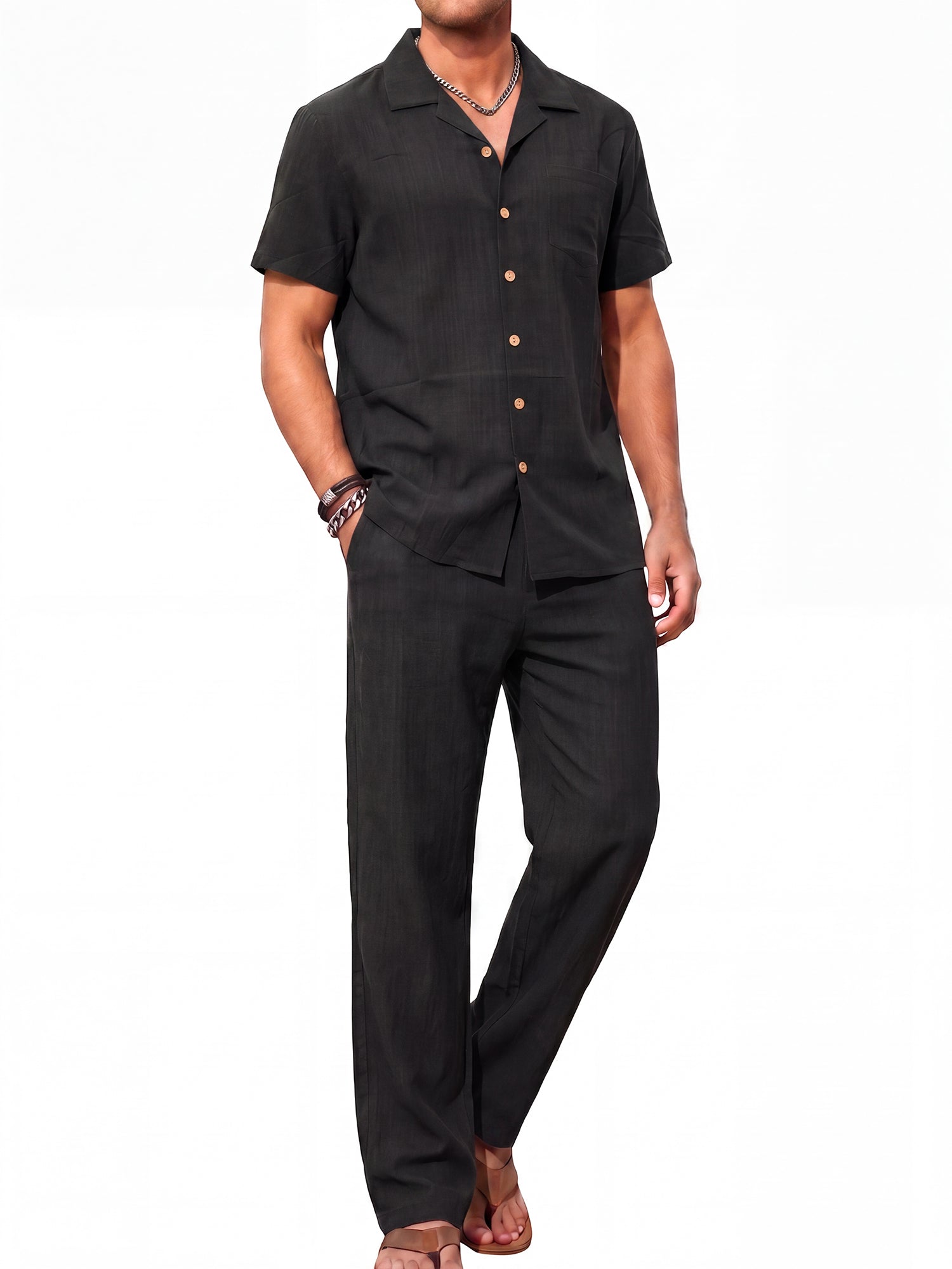 RICHCOIN Men 2 Piece Linen Outfit Beach Button Down Shirt Casual Loose Pant Sets