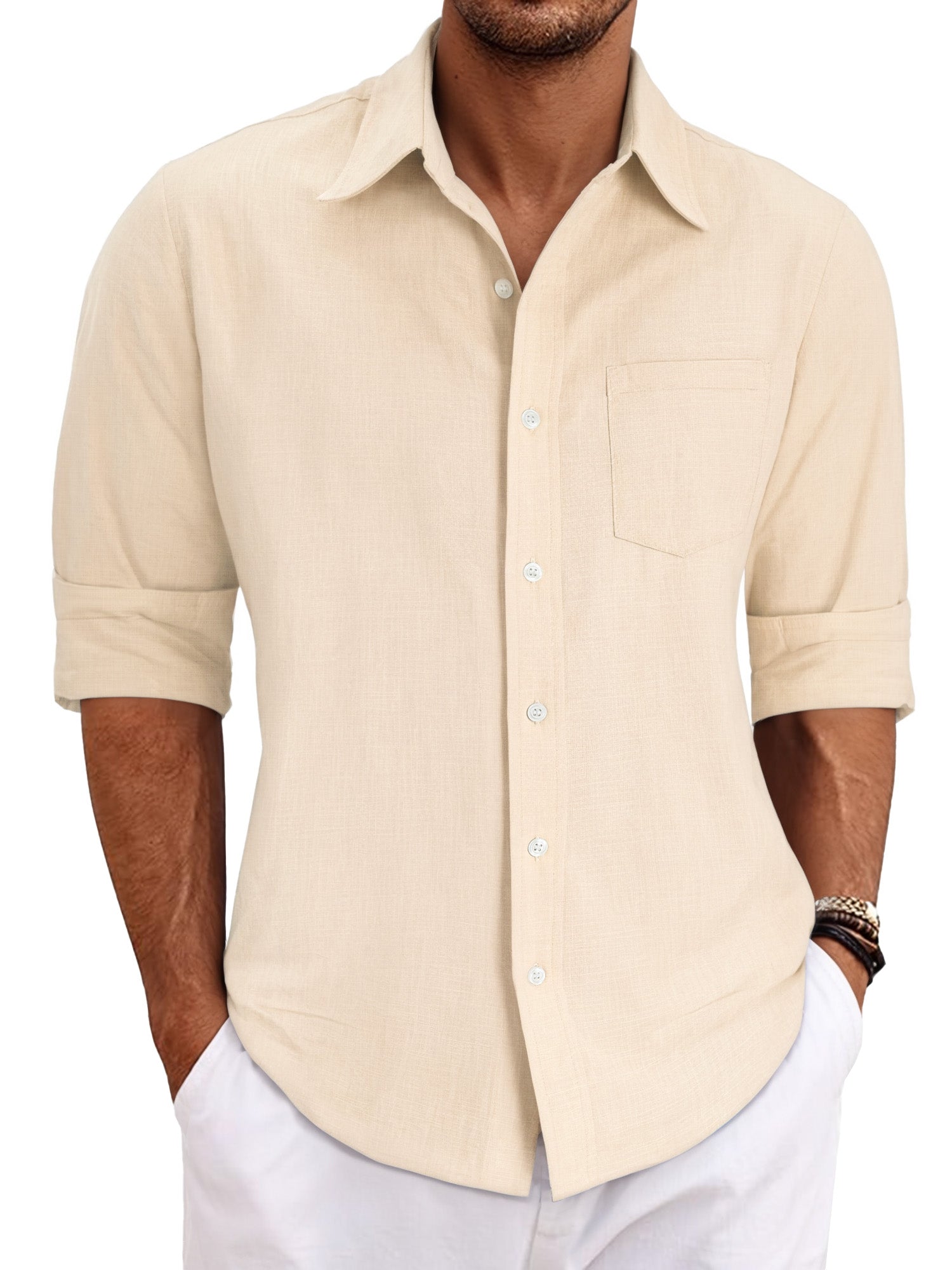 OALUXE Linen Button Down Shirts For Men Casual Long Sleeve Lightweight Dress Shirts With Pocket