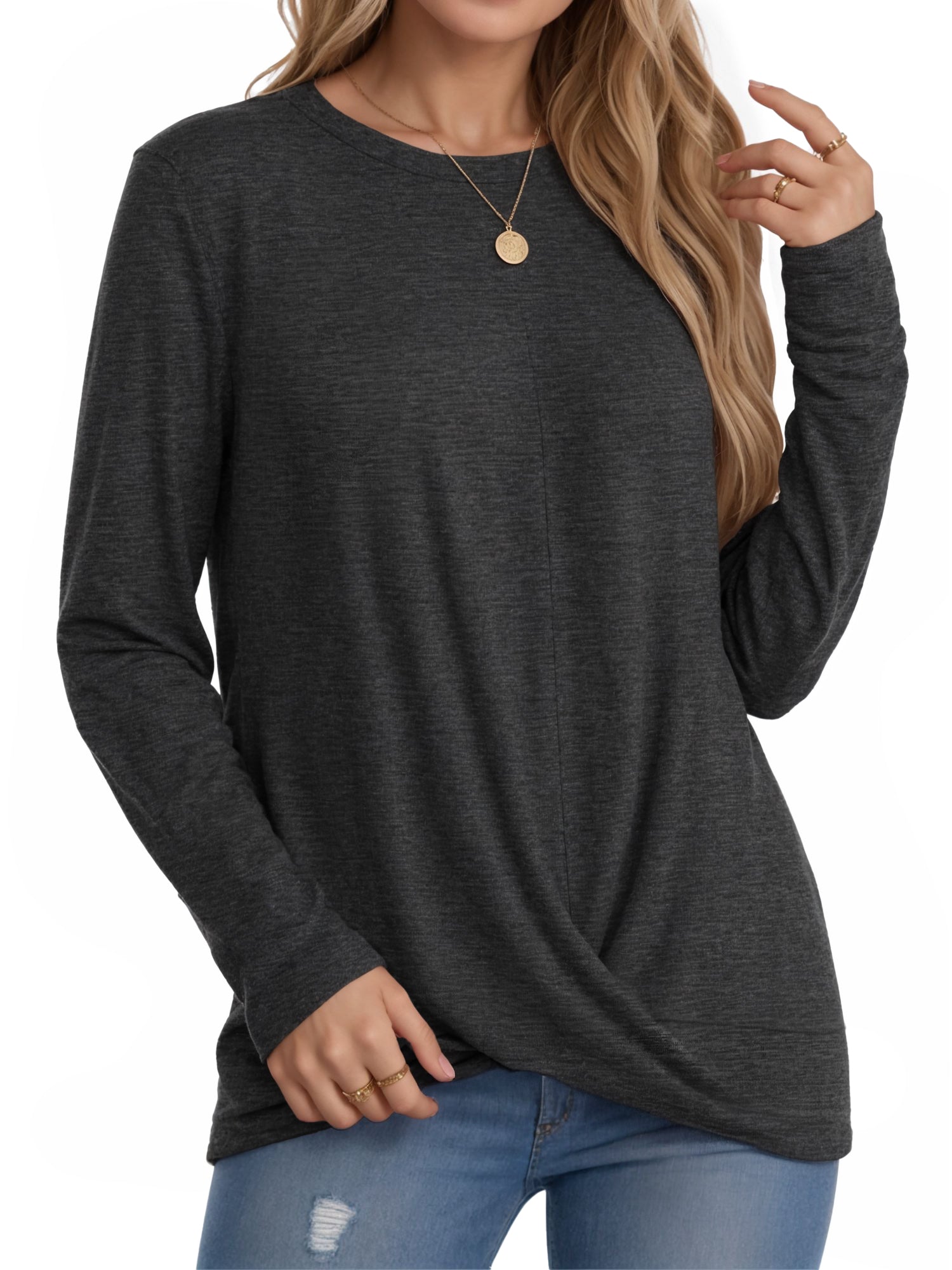 OALUXE Long Sleeve Shirts for Women Dressy Casual Tunic Tops Crewneck Front Twist Blouses