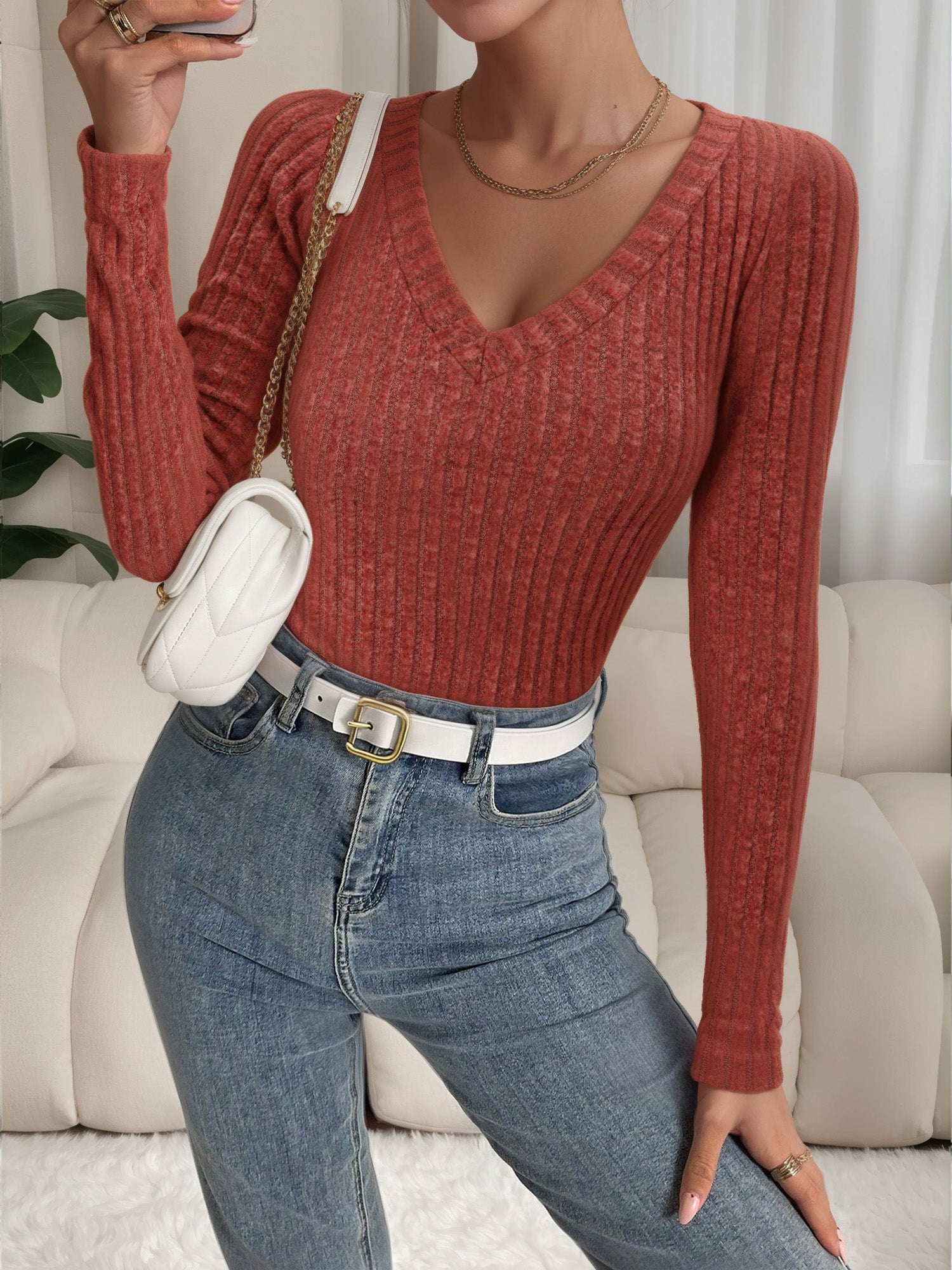 MOYIKO V Neck Long Sleeve Shirts for Women Fitted Thermal Lightweight Trendy Tops