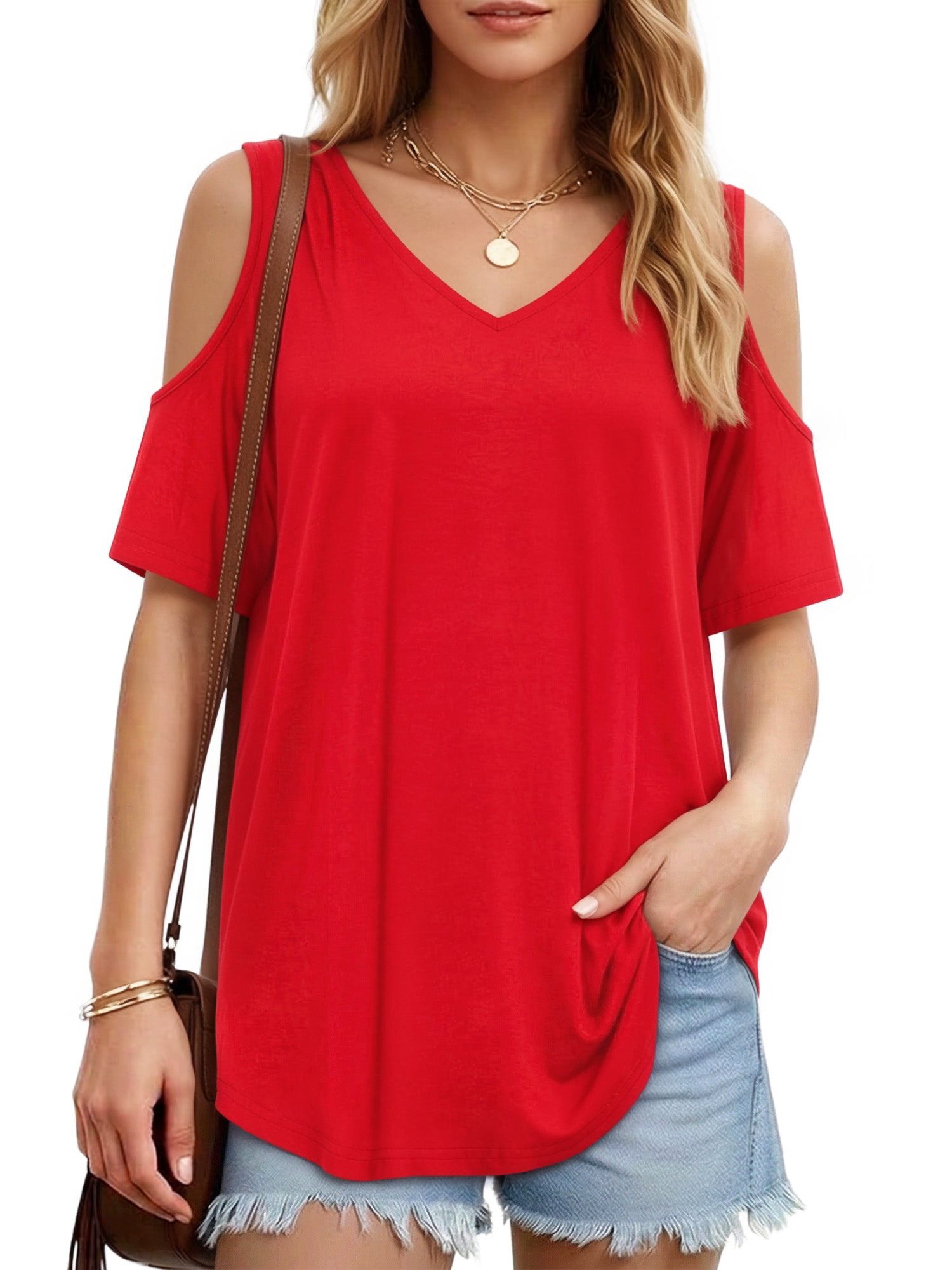 MOYIKO Women's Shirts Cold Shoulder Tops Summer Short Sleeve V Neck Loose Fit T Shirt Basic Black Tee Blouse