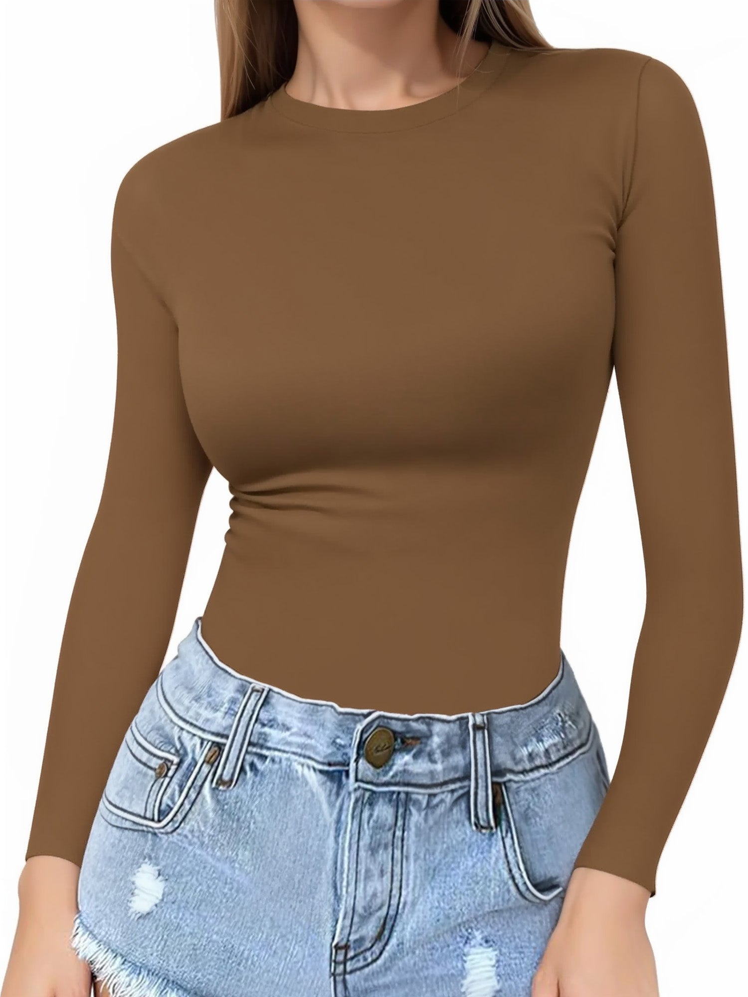 MOYIKO Crewneck Long Sleeve Shirts for Women Slim Fitted Tees Tight Basic Tops