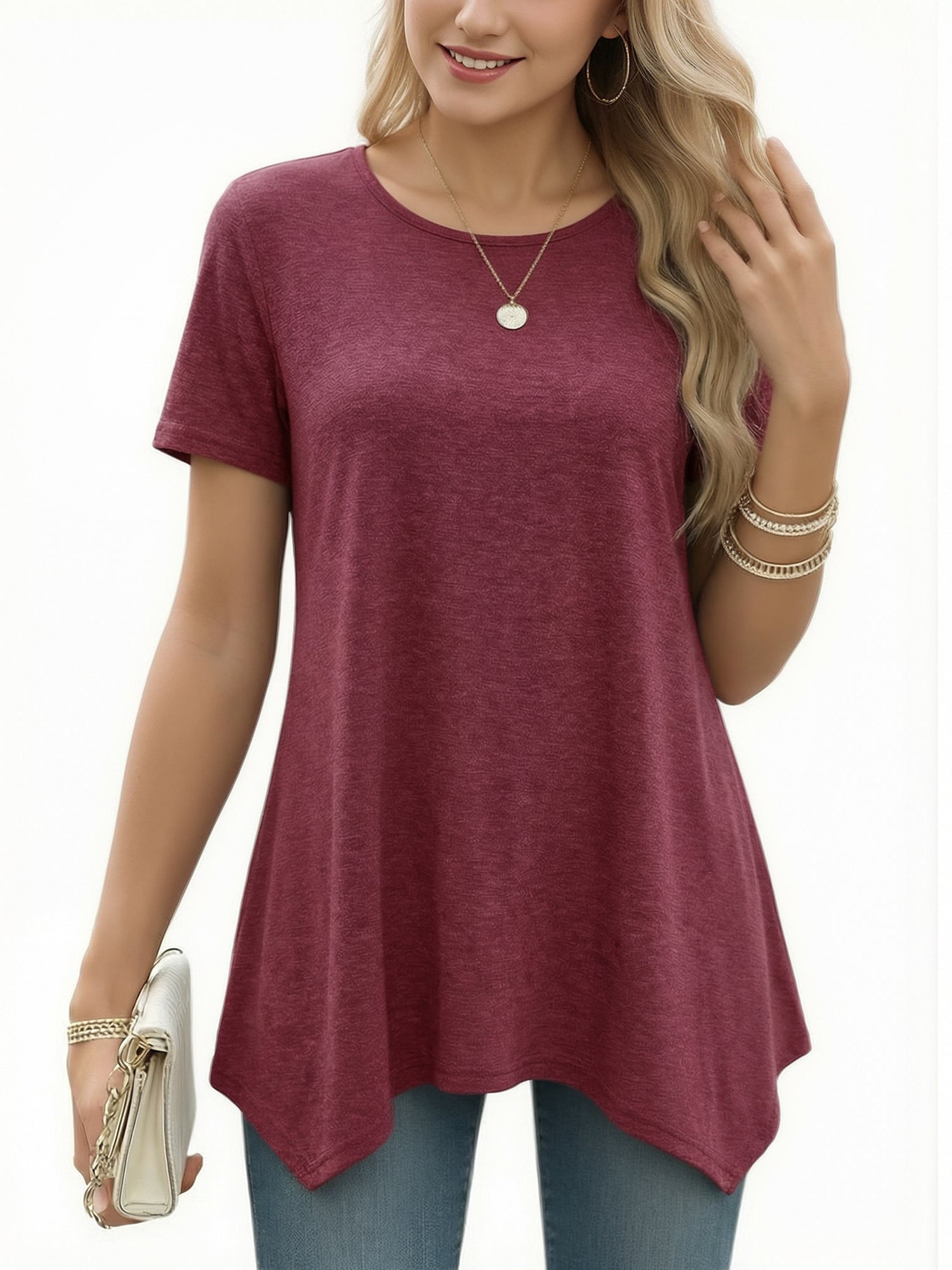 MOYIKO Women's Short Sleeve Swing T-Shirt Flowy Asymmetrical Hem Tee Loose Fit Casual Tops