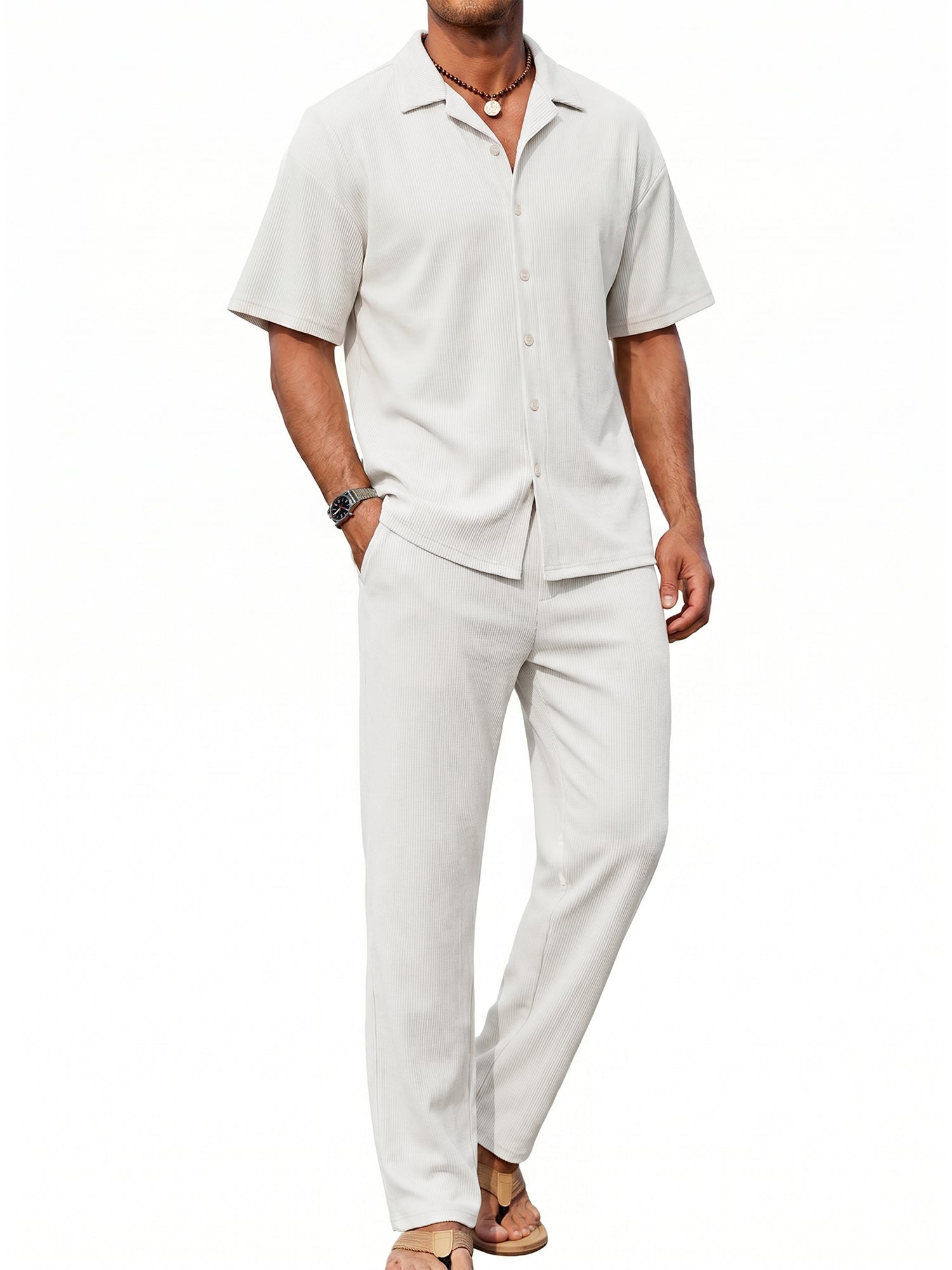 RICHCOIN Men 2 Piece Outfit Set Summer Beach Vacation Suit Short Sleeve Button Shirt & Loose Pant