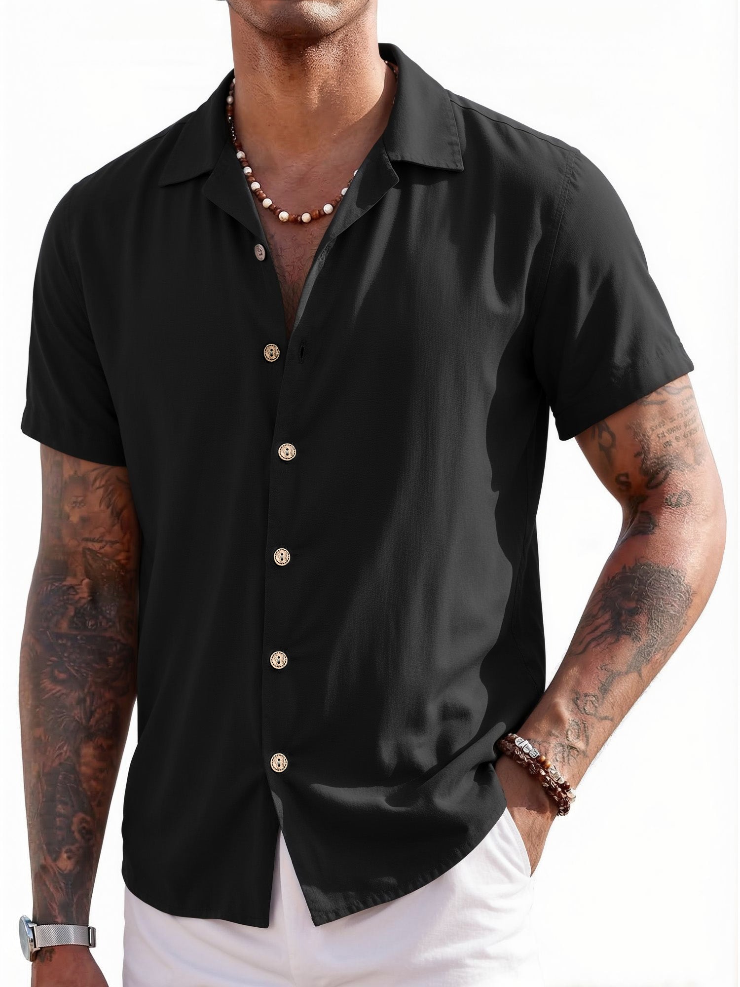 RICHCOIN Mens Linen Shirts Cuban Hawaiian Shirts Short Sleeve Button Down Casual Summer Beach Tops