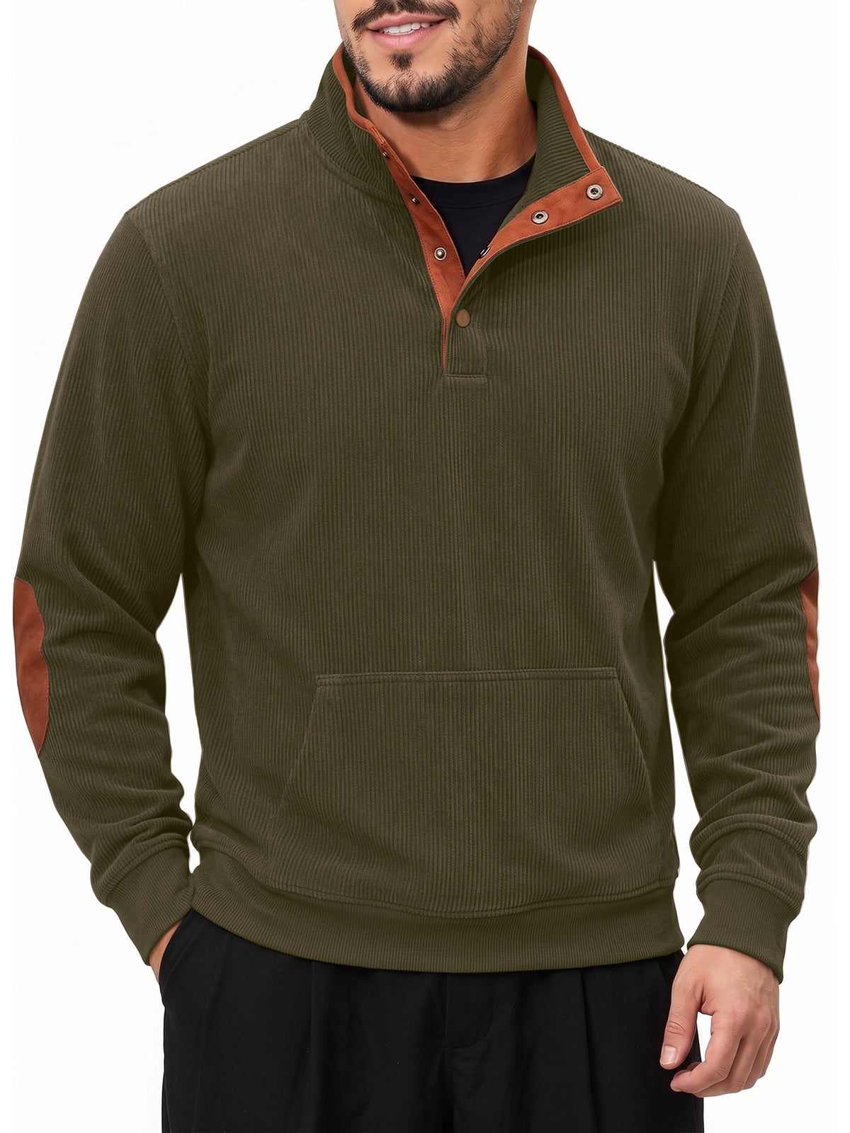 RICHCOIN Mens Corduroy Sweatshirt Long Sleeve Henley Pullover with Elbow Patch Kangaroo Pocket for Fall Winter Casual Wear