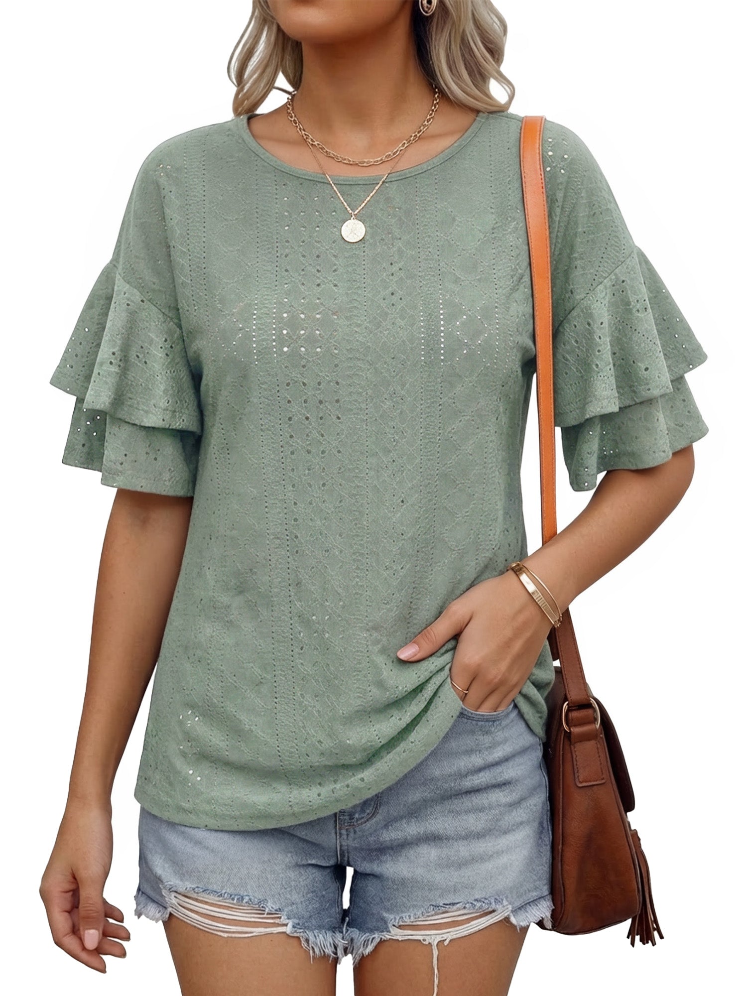 MOYIKO Women Casual Ruffle Half Sleeve Summer tops Crewneck Eyelet Shirts Flowy Dressy Tunic Blouses