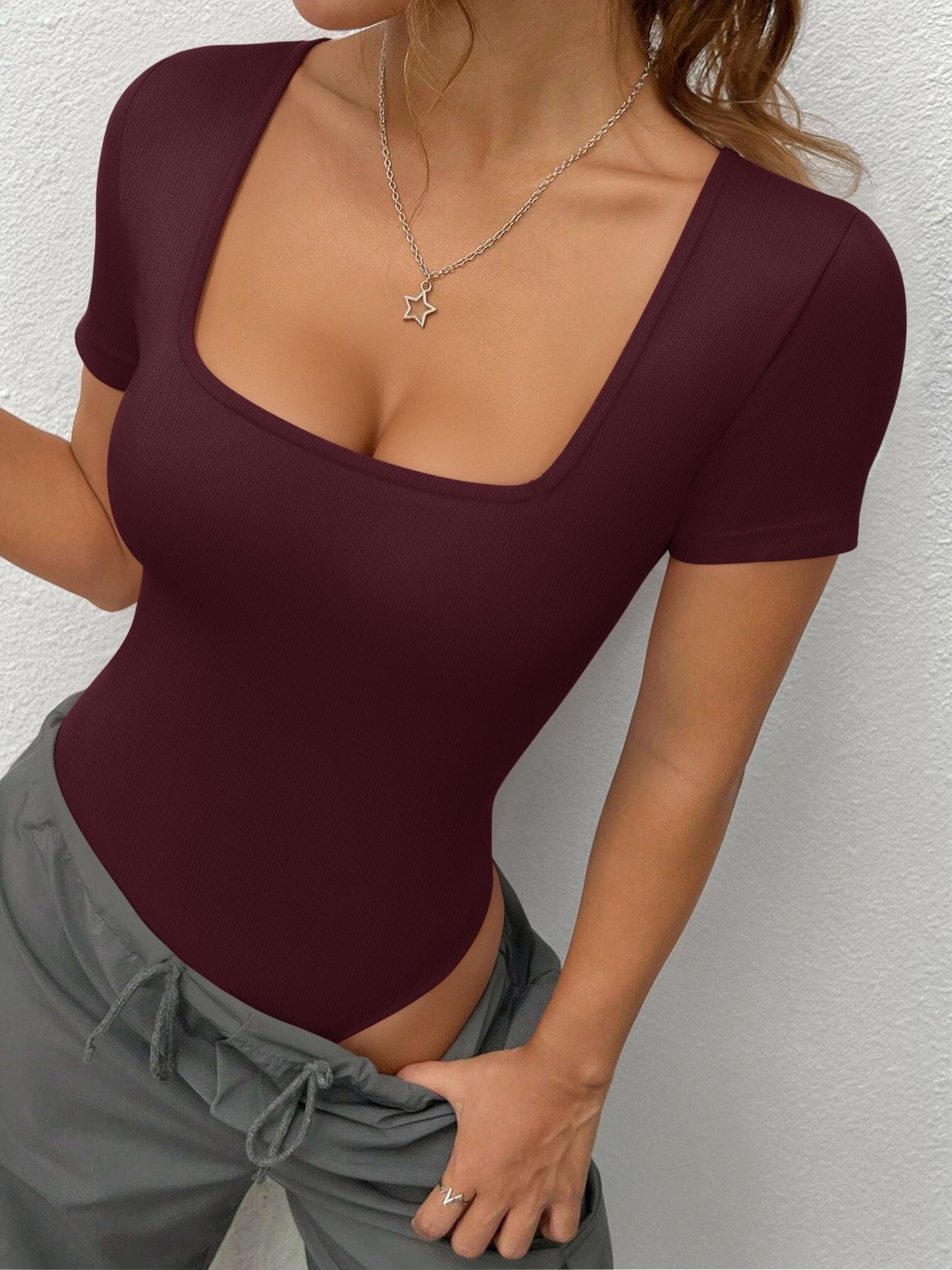 MOYIKO Square Neck Short Sleeve Bodysuits for Women Fitted Tops