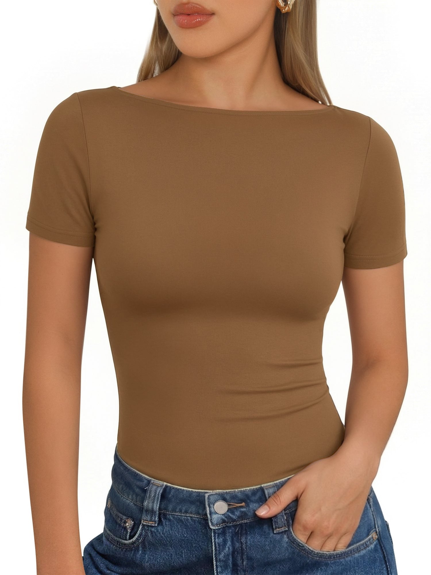 MOYIKO Womens T Shirts Short Sleeve Boat Neck Slim Fit Tee Basic Summer Tops