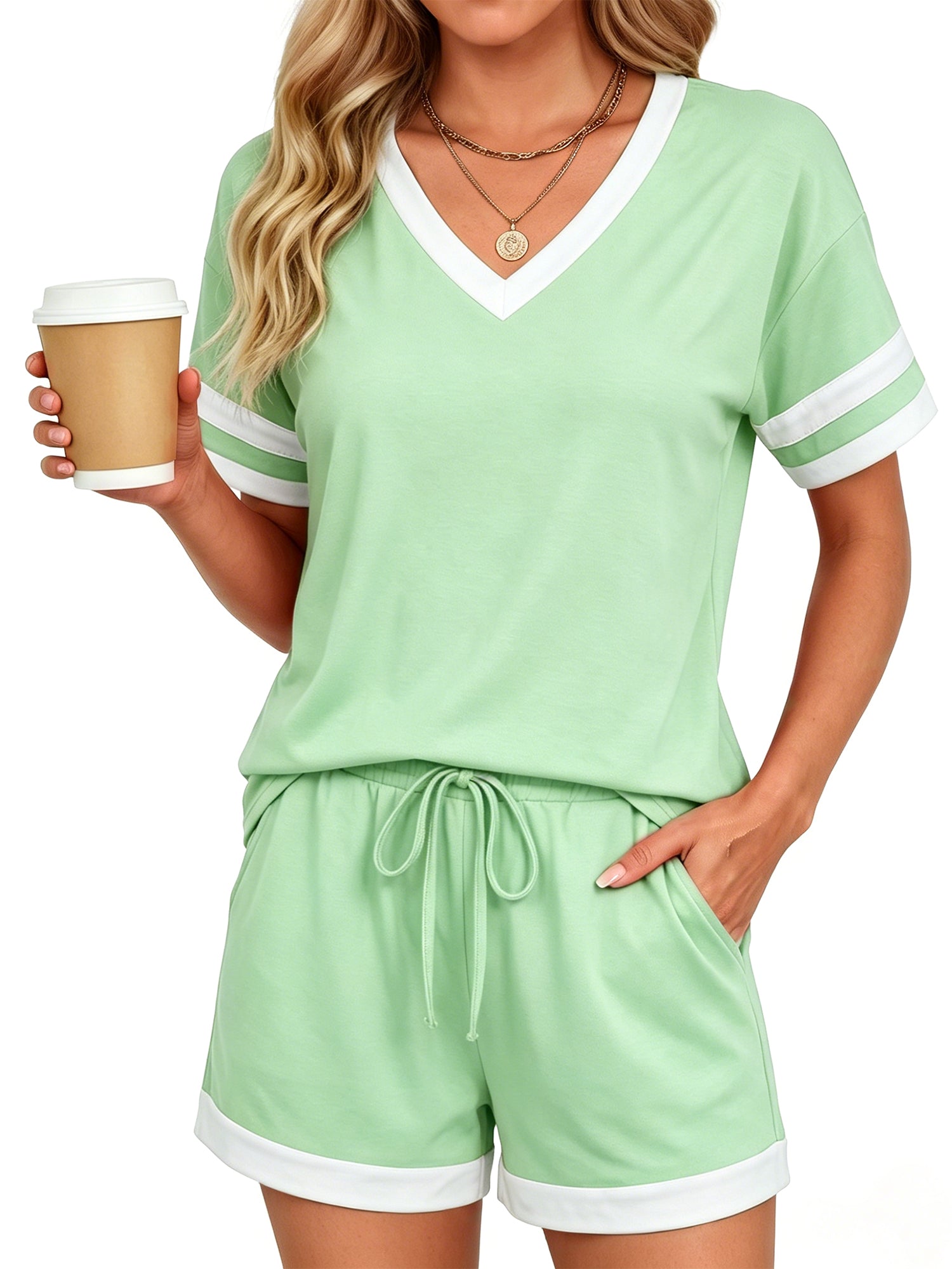MOYIKO Women 2 Piece Short Sets V Neck Color Block Matching Lounge Sets Casual Summer Sweatsuit with Pocket