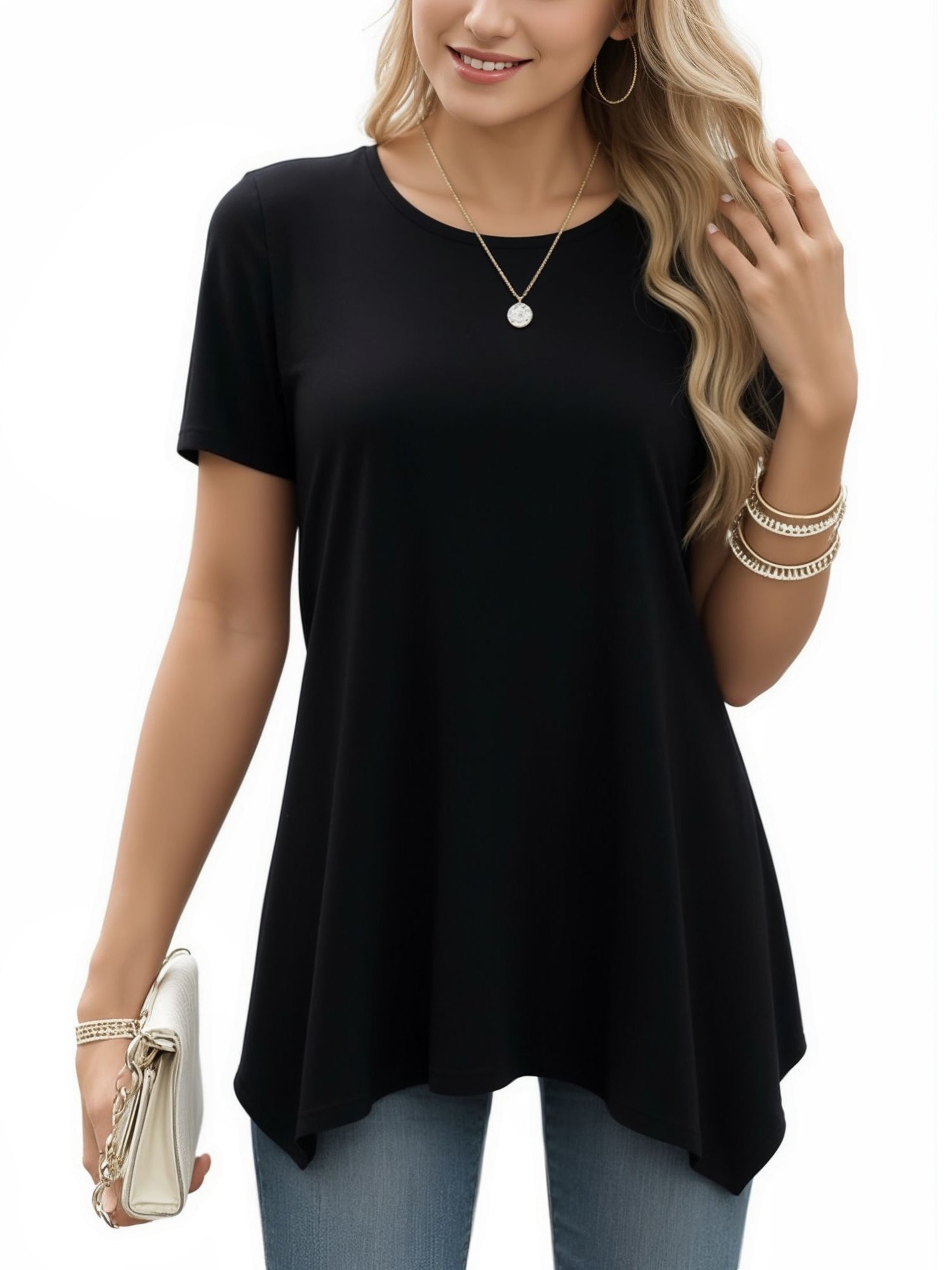 MOYIKO Women's Short Sleeve Swing T-Shirt Flowy Asymmetrical Hem Tee Loose Fit Casual Tops
