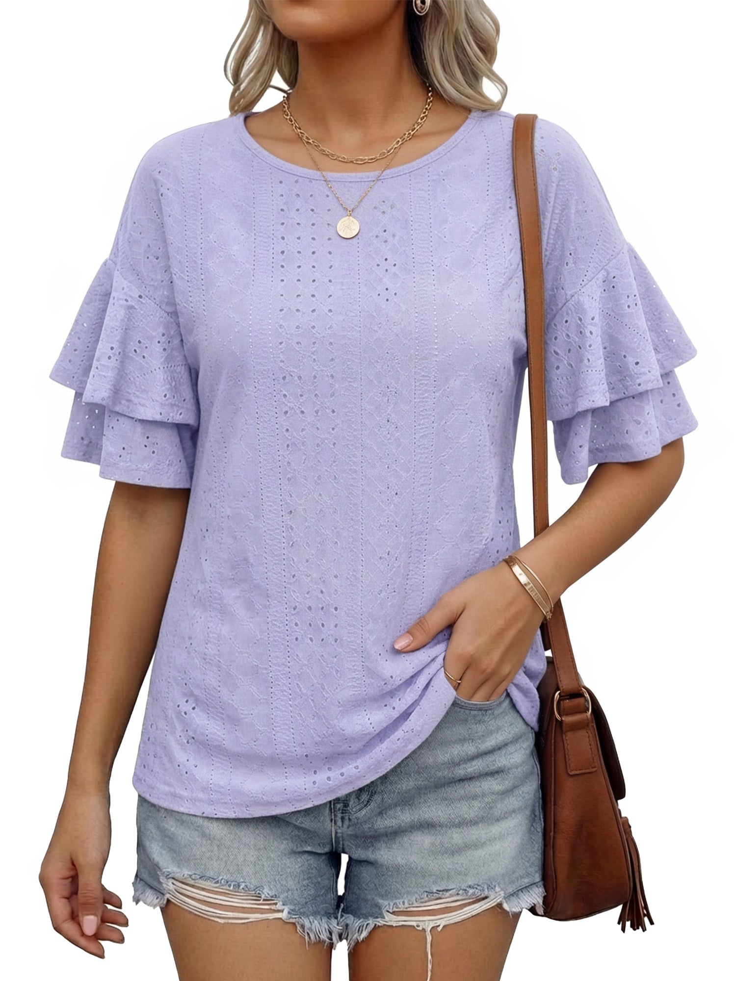 MOYIKO Women Casual Ruffle Half Sleeve Summer tops Crewneck Eyelet Shirts Flowy Dressy Tunic Blouses