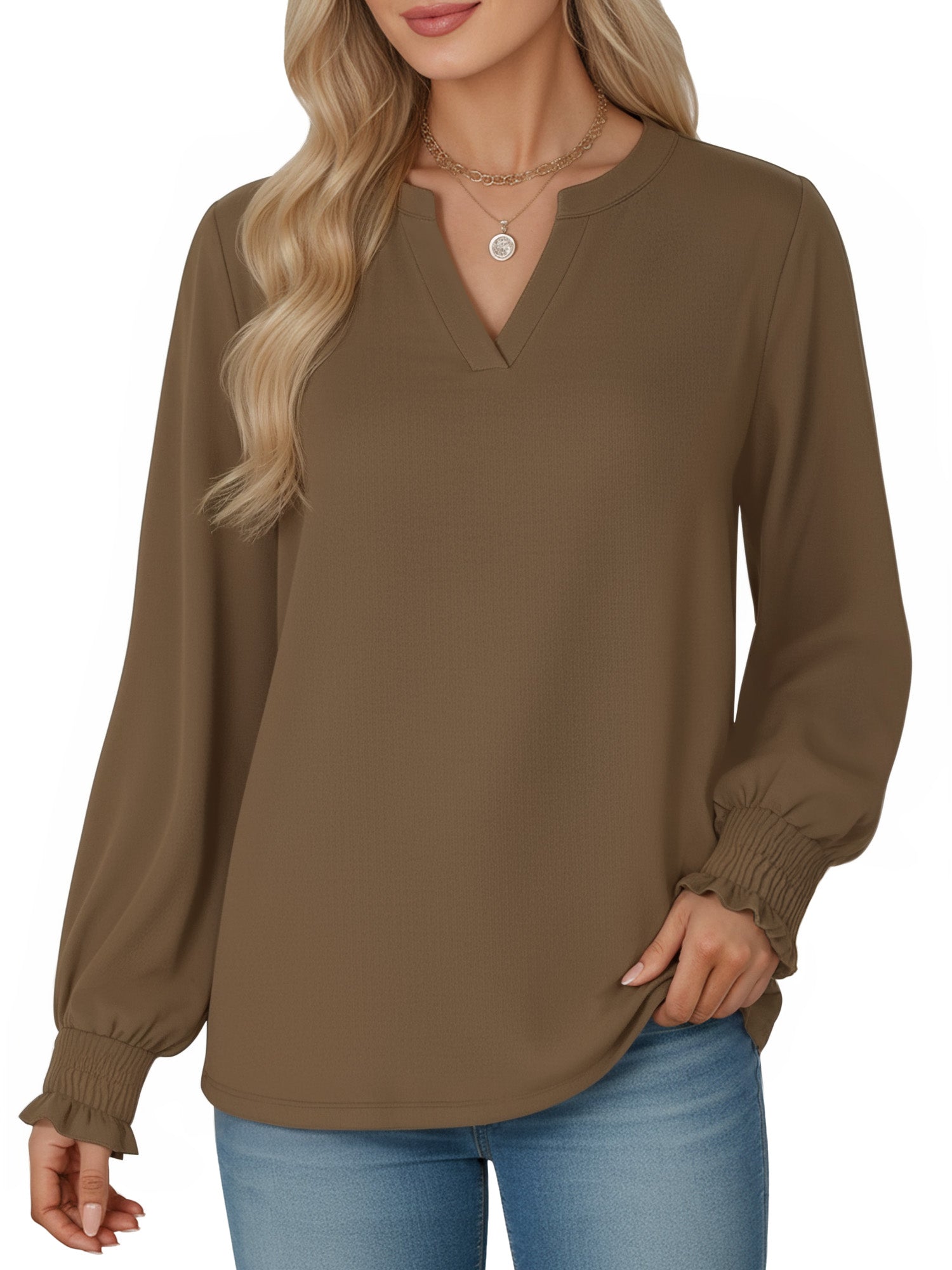 OALUXE Blouses for Women Long Sleeve Shirts V Neck Smocked Cuffs Tunic Tops