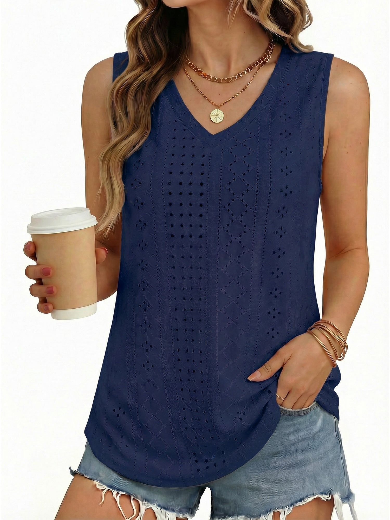 MOYIKO Tank Tops for Women Eyelet V Neck Trendy Sleeveless Tops Dressy Casual Flowy Summer Shirts Loose Fit